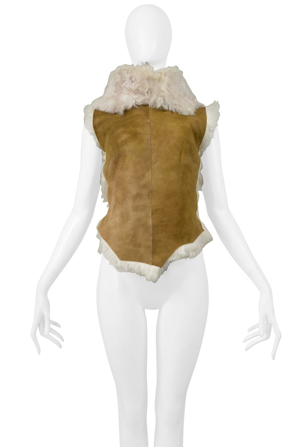 PLEIN SUD BROWN SUEDE AND OFF-WHITE FUR TOP