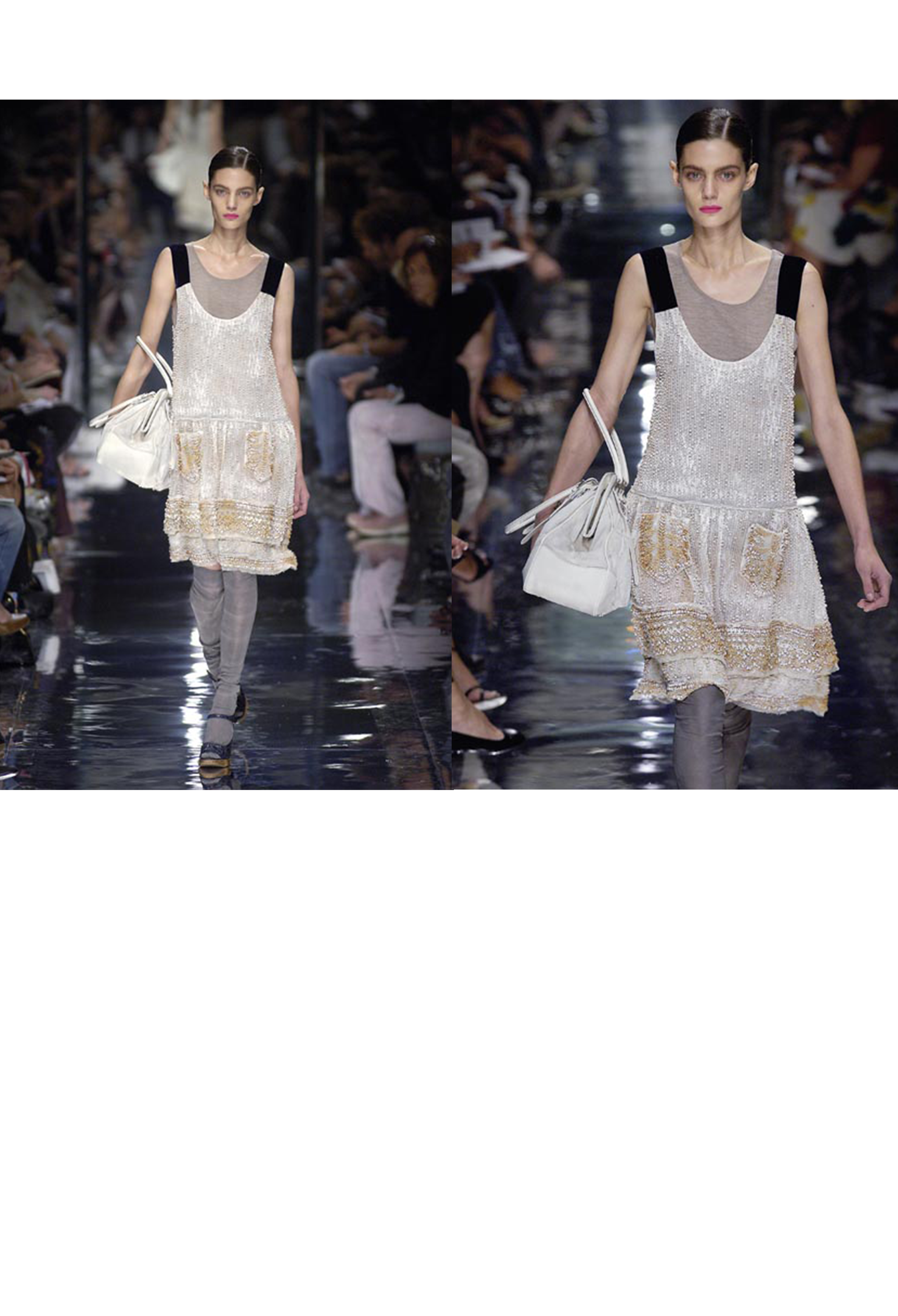 PRADA OFF-WHITE BEADED PARTY DRESS WITH BLUE VELVET STRAPS 2006