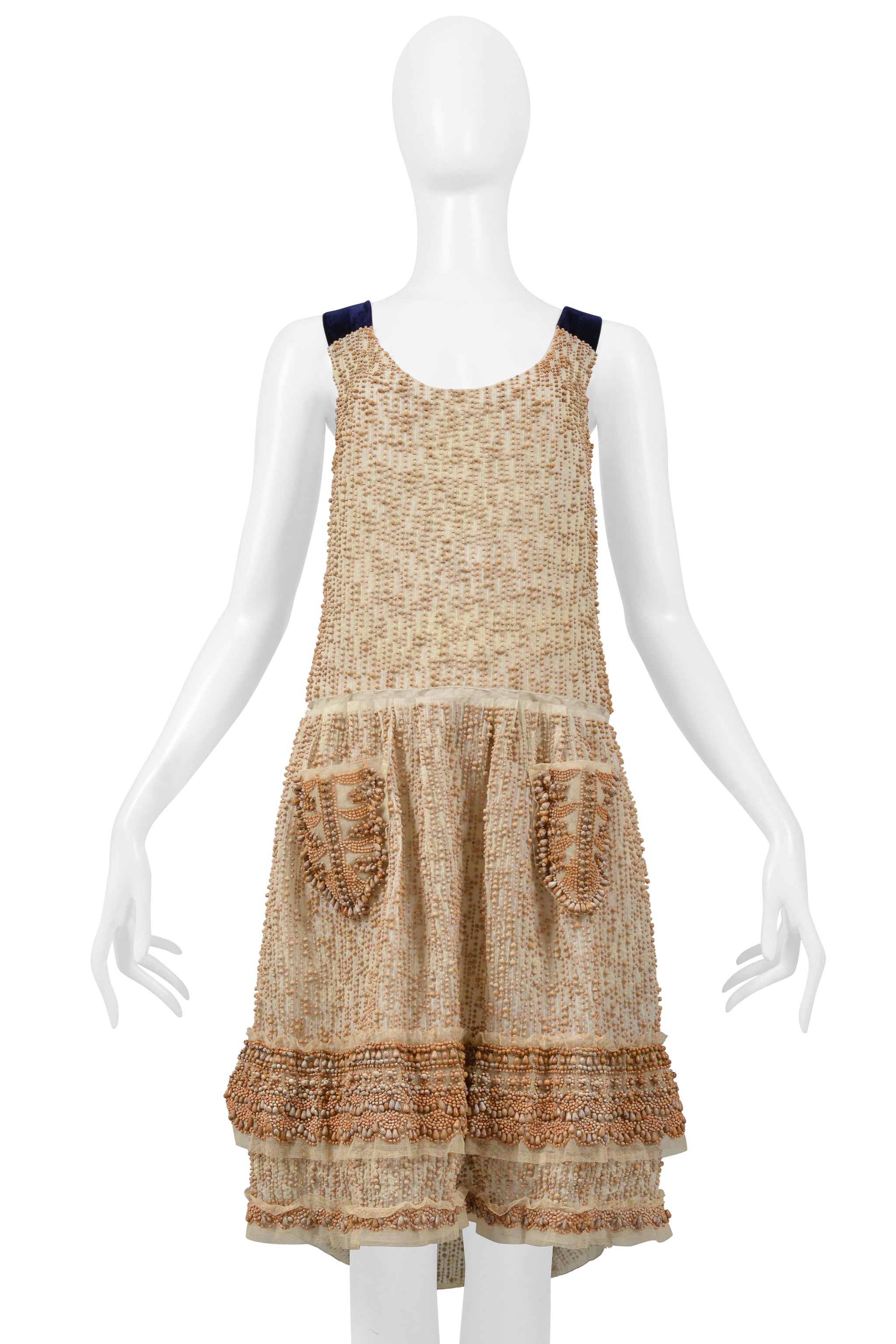 PRADA OFF-WHITE BEADED PARTY DRESS WITH BLUE VELVET STRAPS 2006
