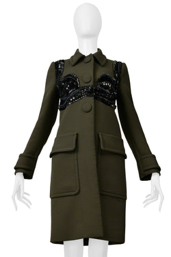 PRADA ARMY GREEN TAILORED COAT WITH FANCY BLACK BRA BEADING DETAIL 2014