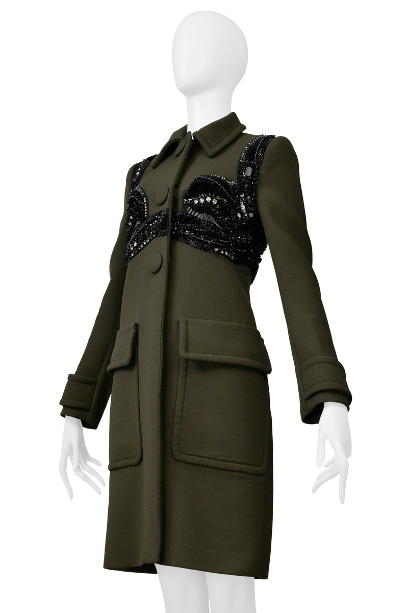 PRADA ARMY GREEN TAILORED COAT WITH FANCY BLACK BRA BEADING DETAIL 2014