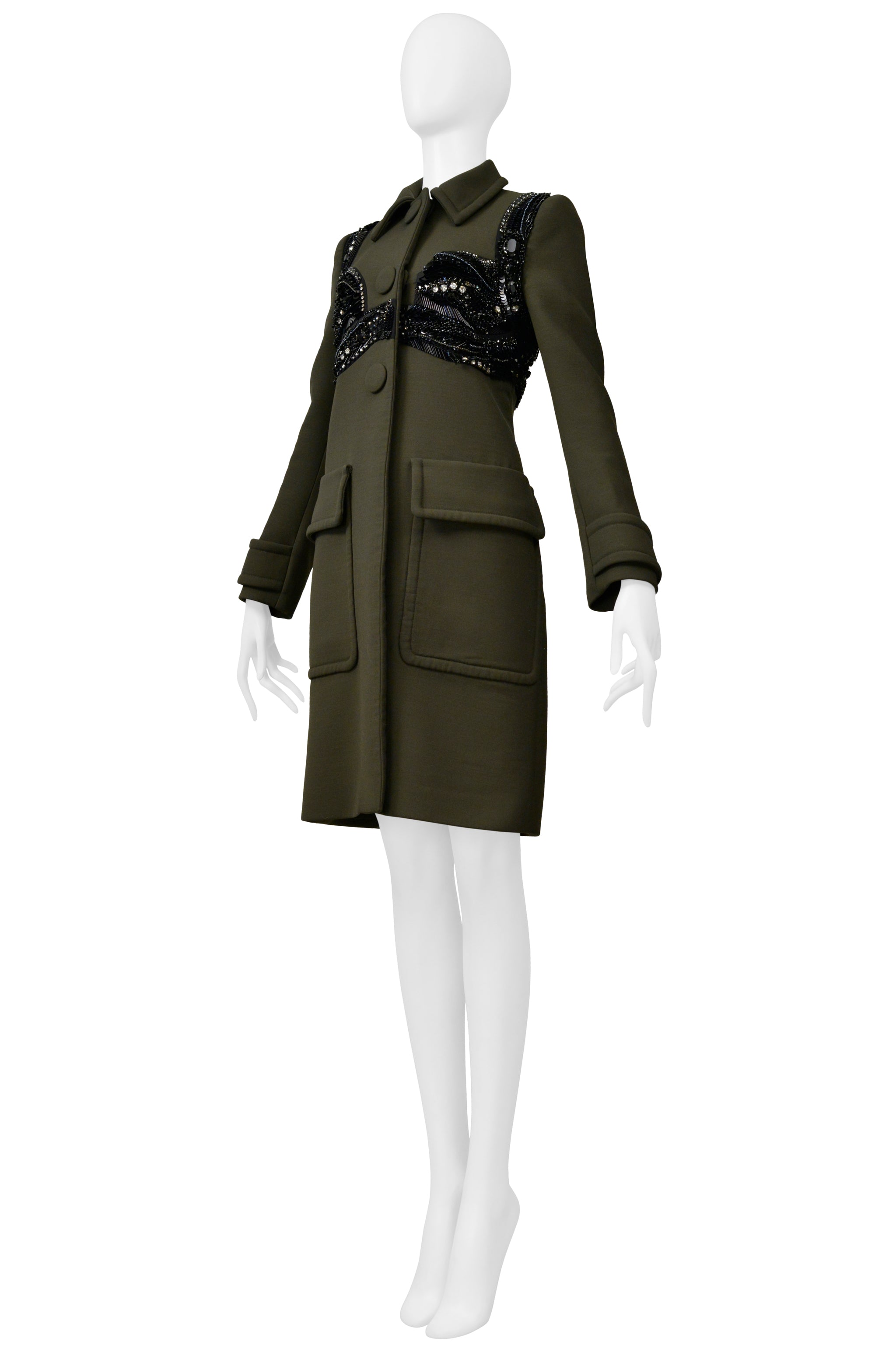 PRADA ARMY GREEN TAILORED COAT WITH FANCY BLACK BRA BEADING DETAIL 2014