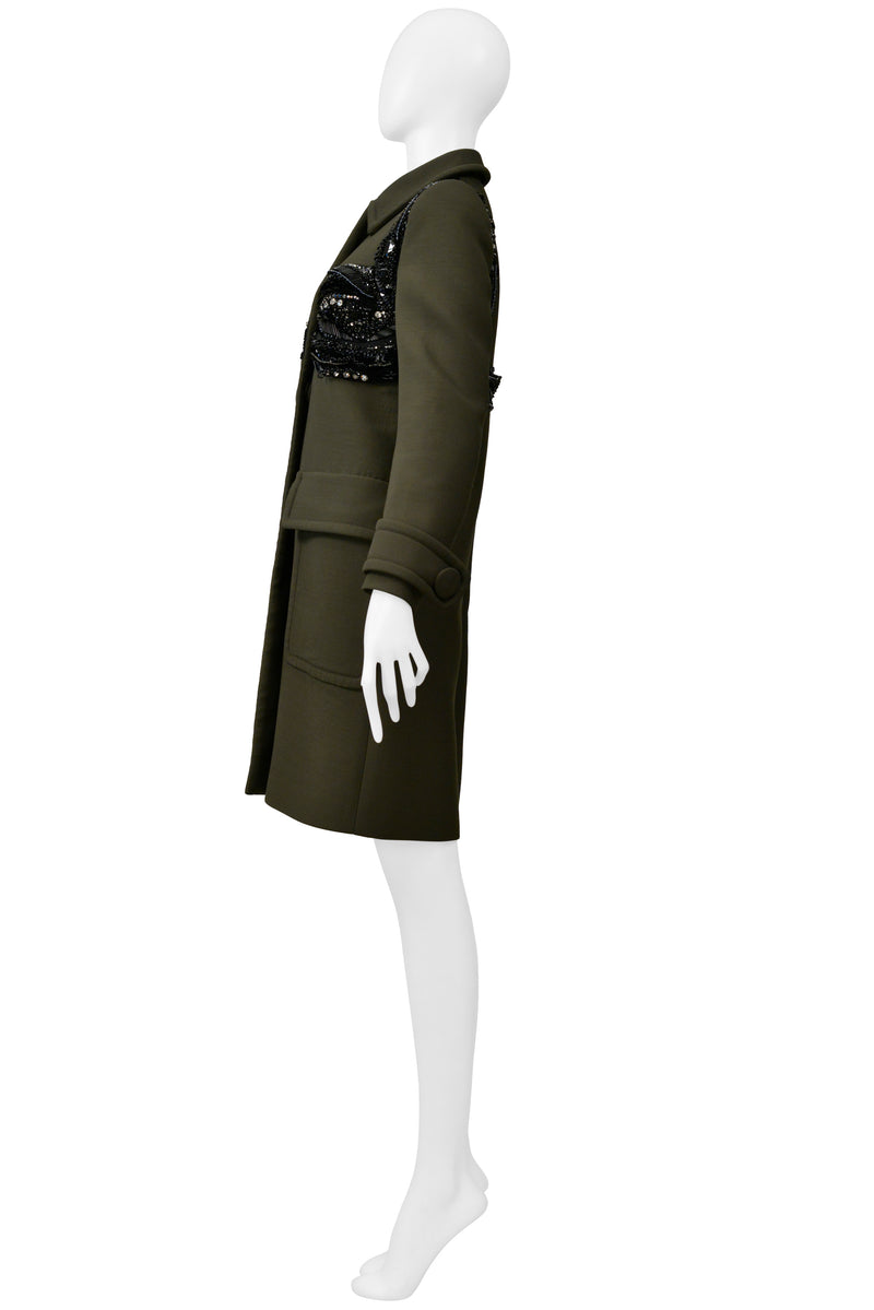 PRADA ARMY GREEN TAILORED COAT WITH FANCY BLACK BRA BEADING DETAIL 2014