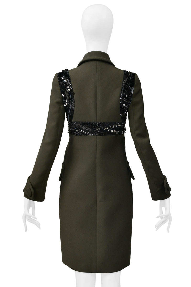 PRADA ARMY GREEN TAILORED COAT WITH FANCY BLACK BRA BEADING DETAIL 2014