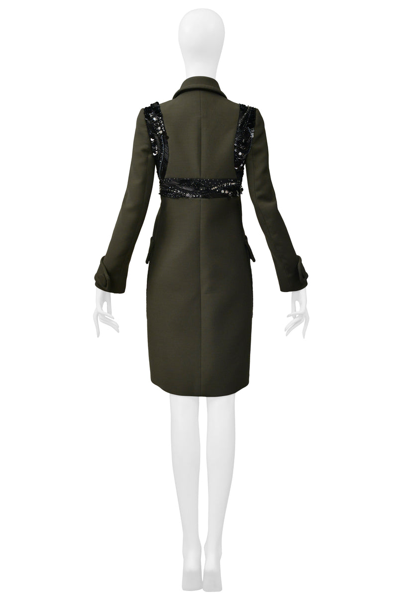 PRADA ARMY GREEN TAILORED COAT WITH FANCY BLACK BRA BEADING DETAIL 2014