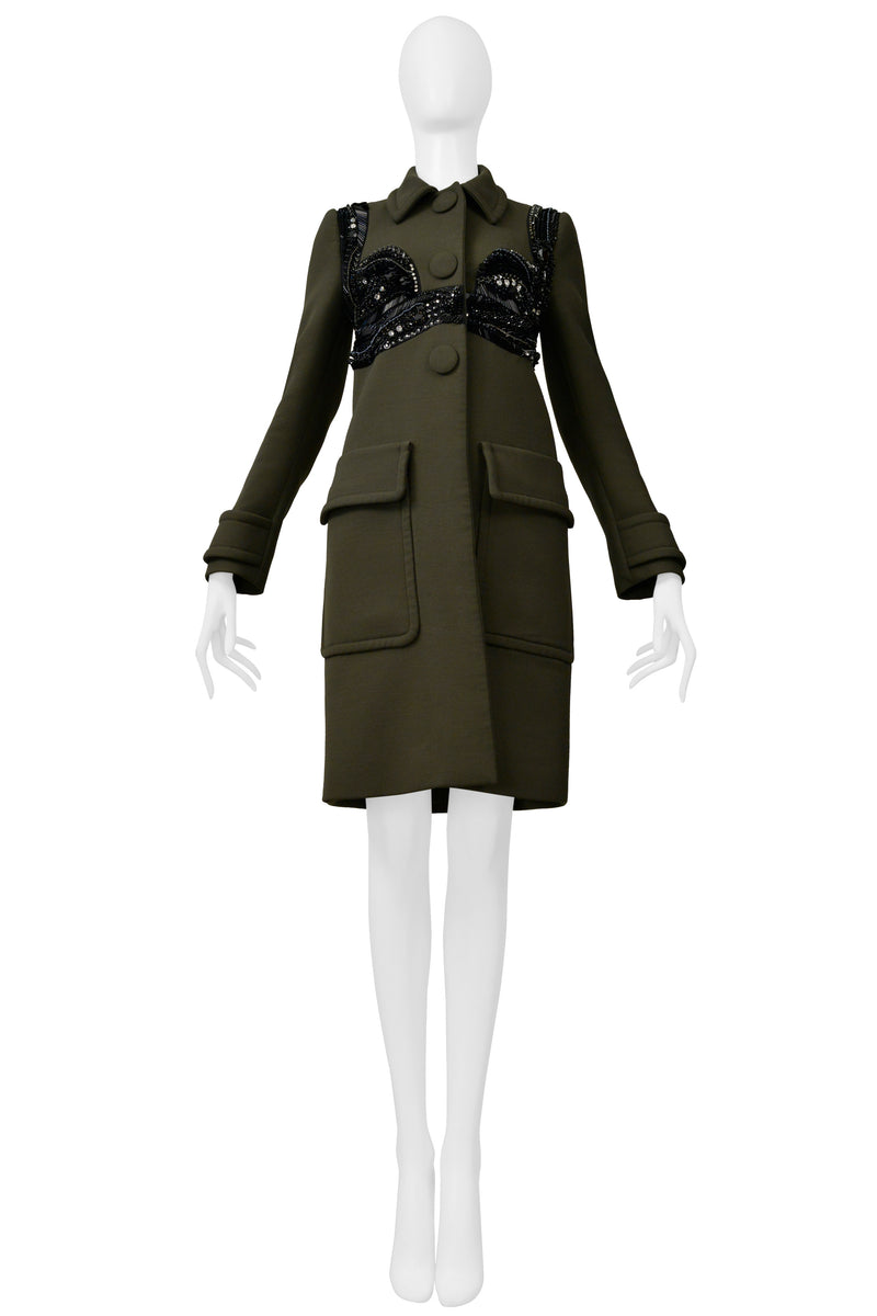 PRADA ARMY GREEN TAILORED COAT WITH FANCY BLACK BRA BEADING DETAIL 2014