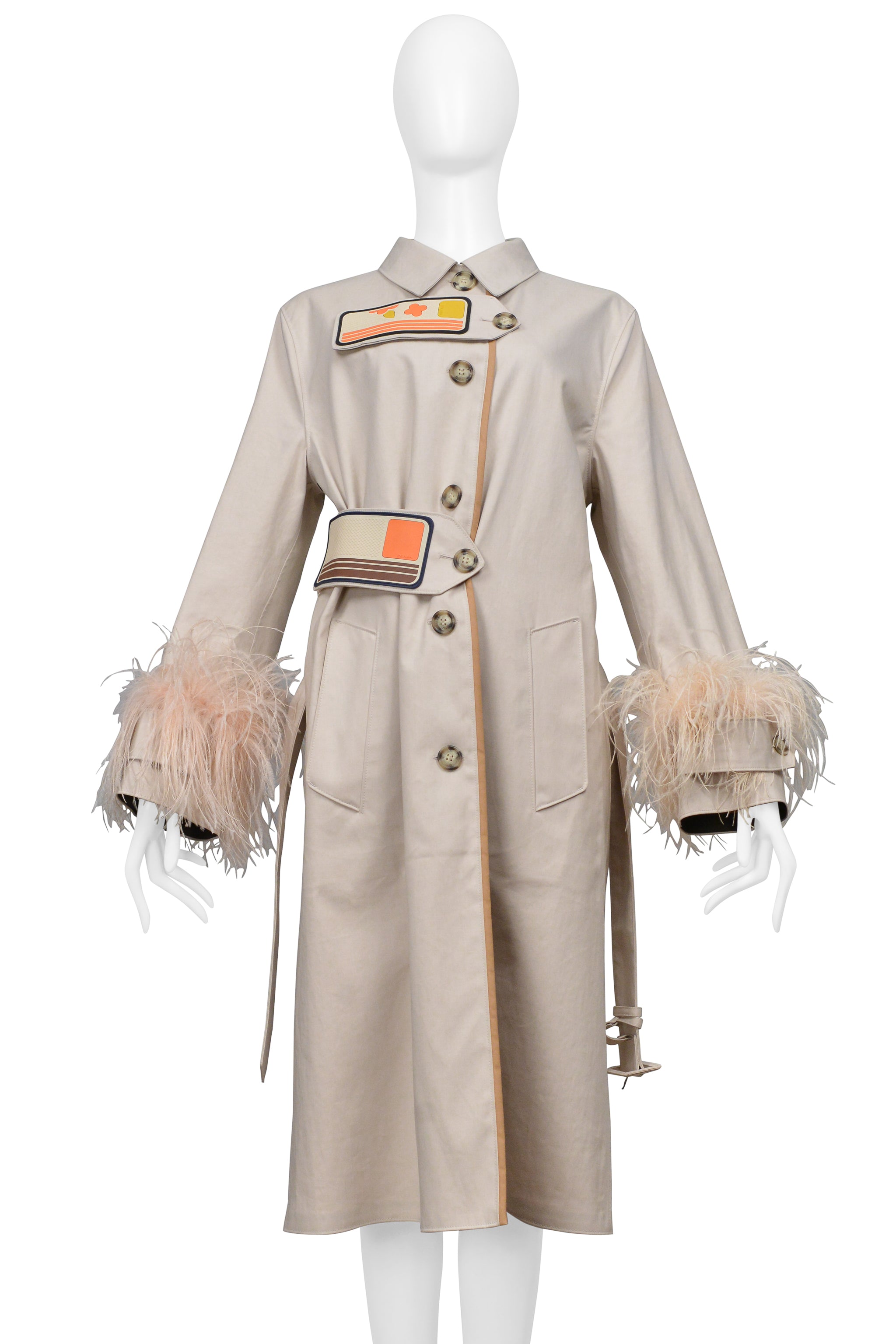 PRADA KHAKI TRENCH COAT WITH VELCRO PATCHES AND FEATHER SLEEVES 2017