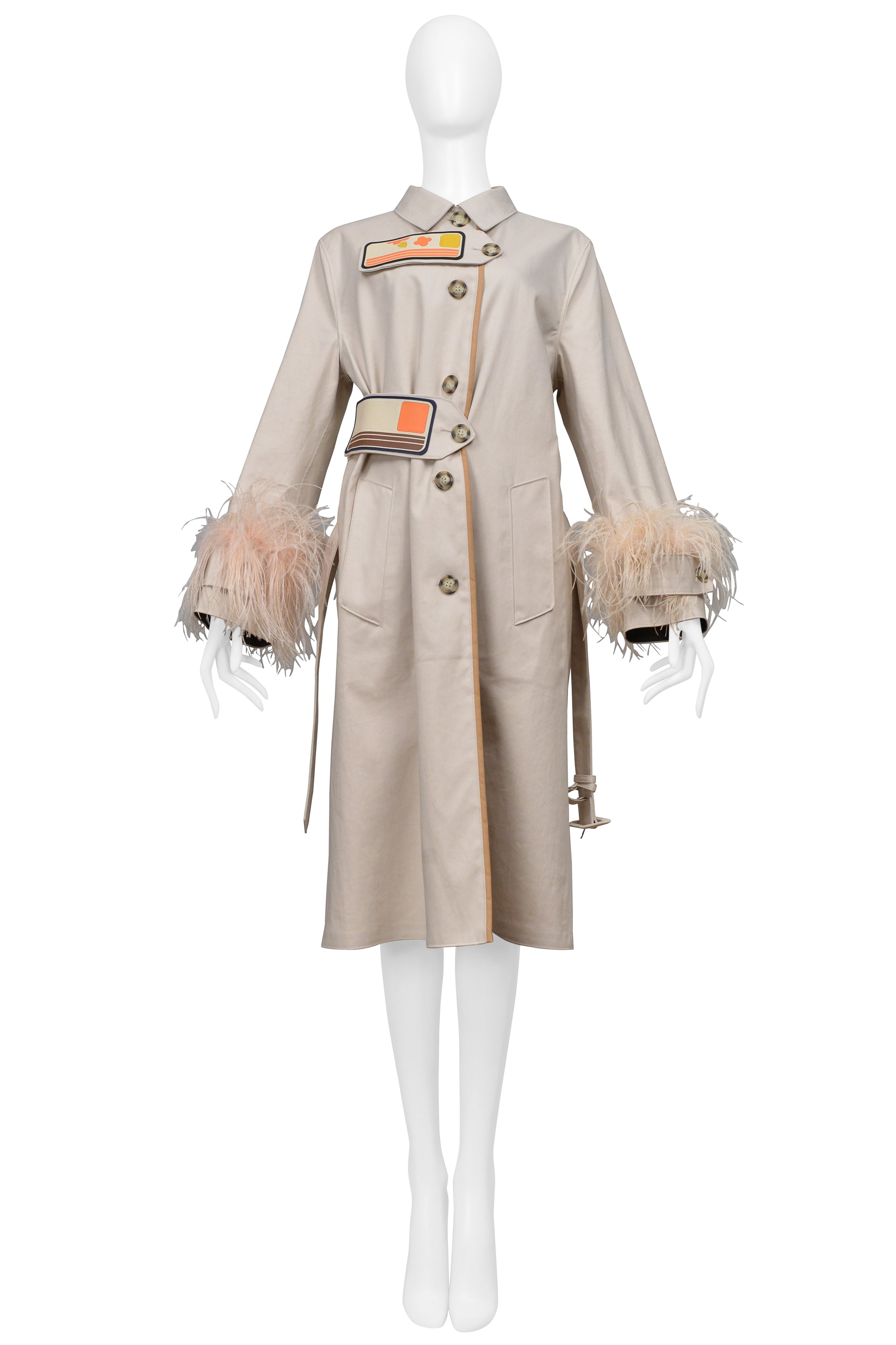 PRADA KHAKI TRENCH COAT WITH VELCRO PATCHES AND FEATHER SLEEVES 2017
