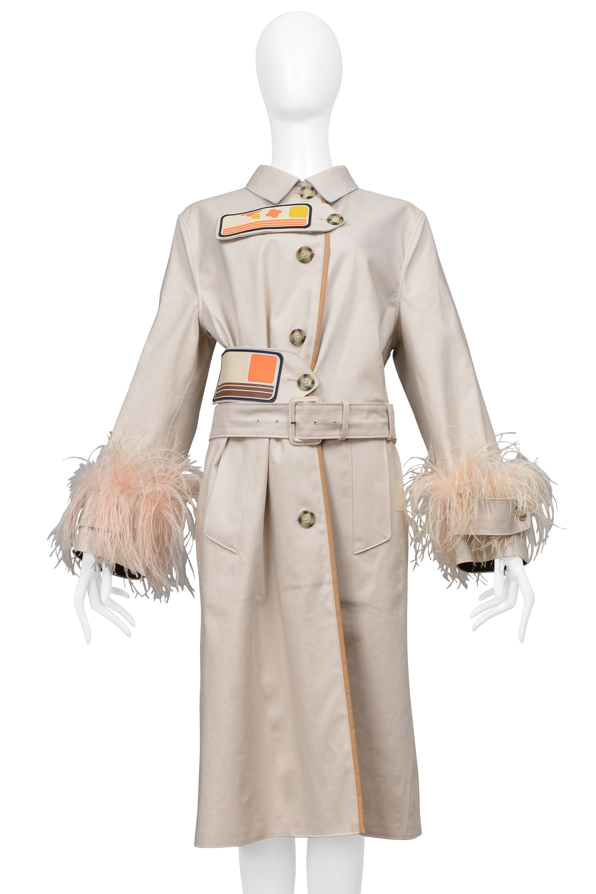 PRADA KHAKI TRENCH COAT WITH VELCRO PATCHES AND FEATHER SLEEVES 2017