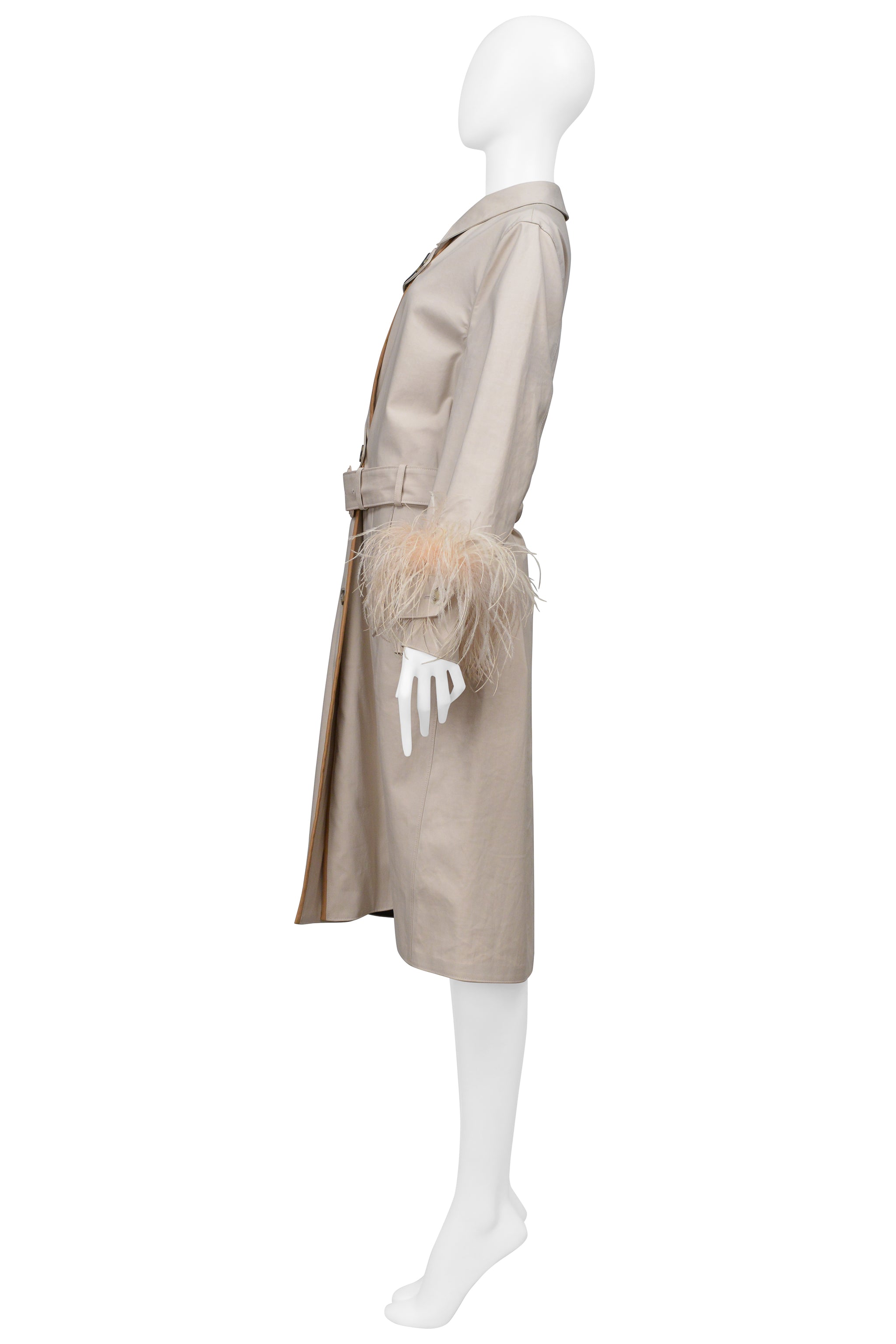 PRADA KHAKI TRENCH COAT WITH VELCRO PATCHES AND FEATHER SLEEVES 2017