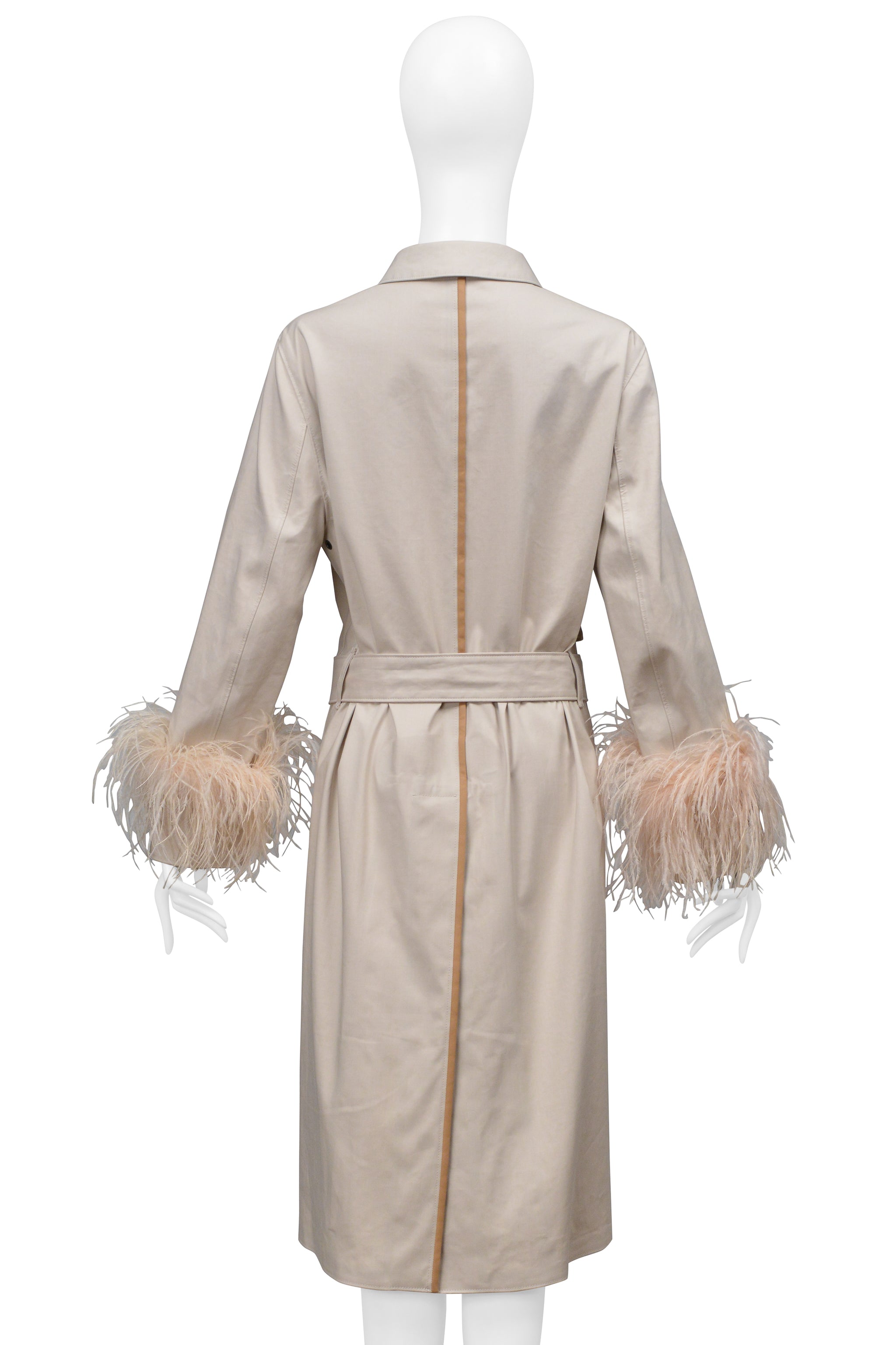 PRADA KHAKI TRENCH COAT WITH VELCRO PATCHES AND FEATHER SLEEVES 2017