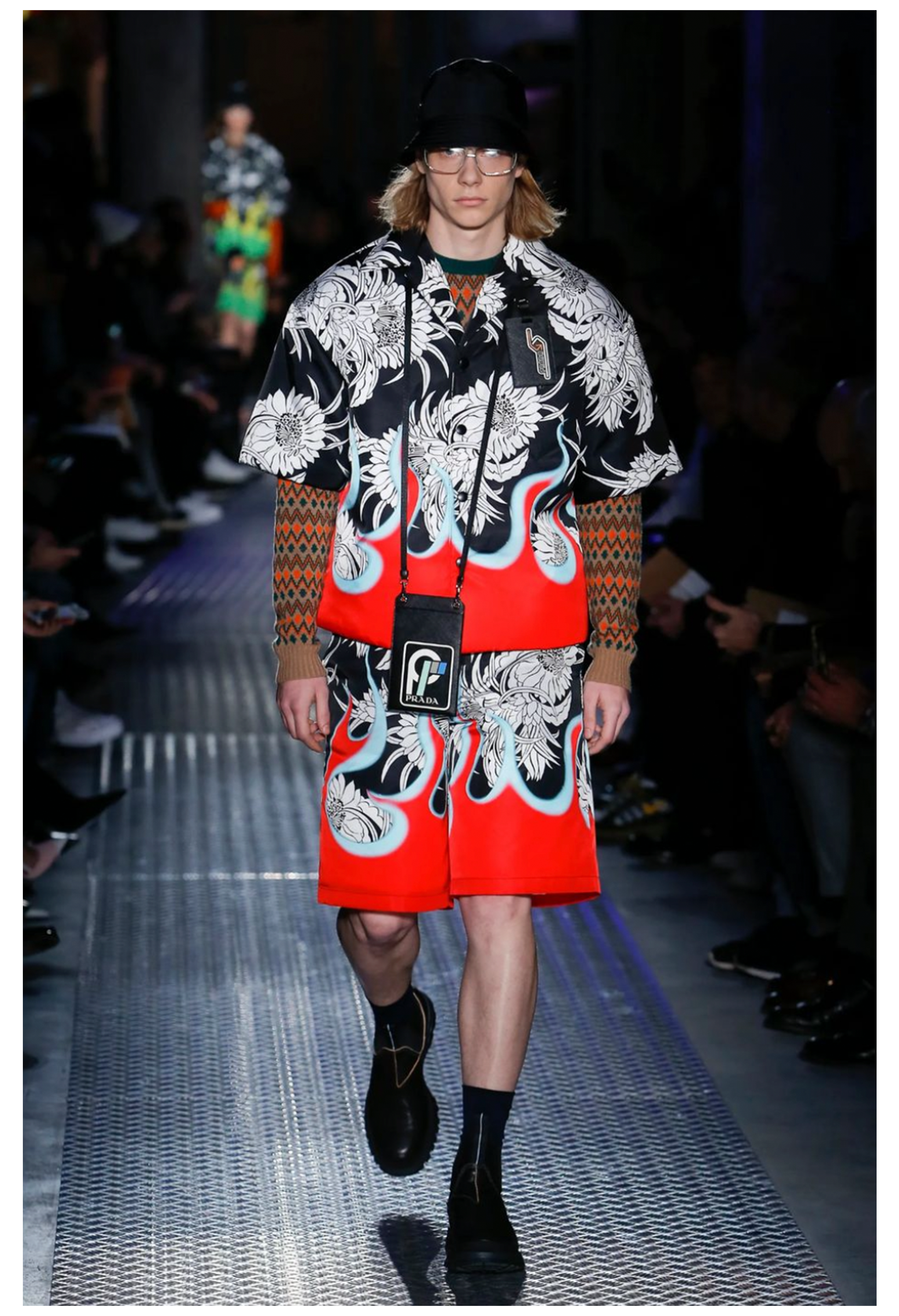 PRADA BLACK, WHITE, FLORAL DRESS WITH FLAMES 2018