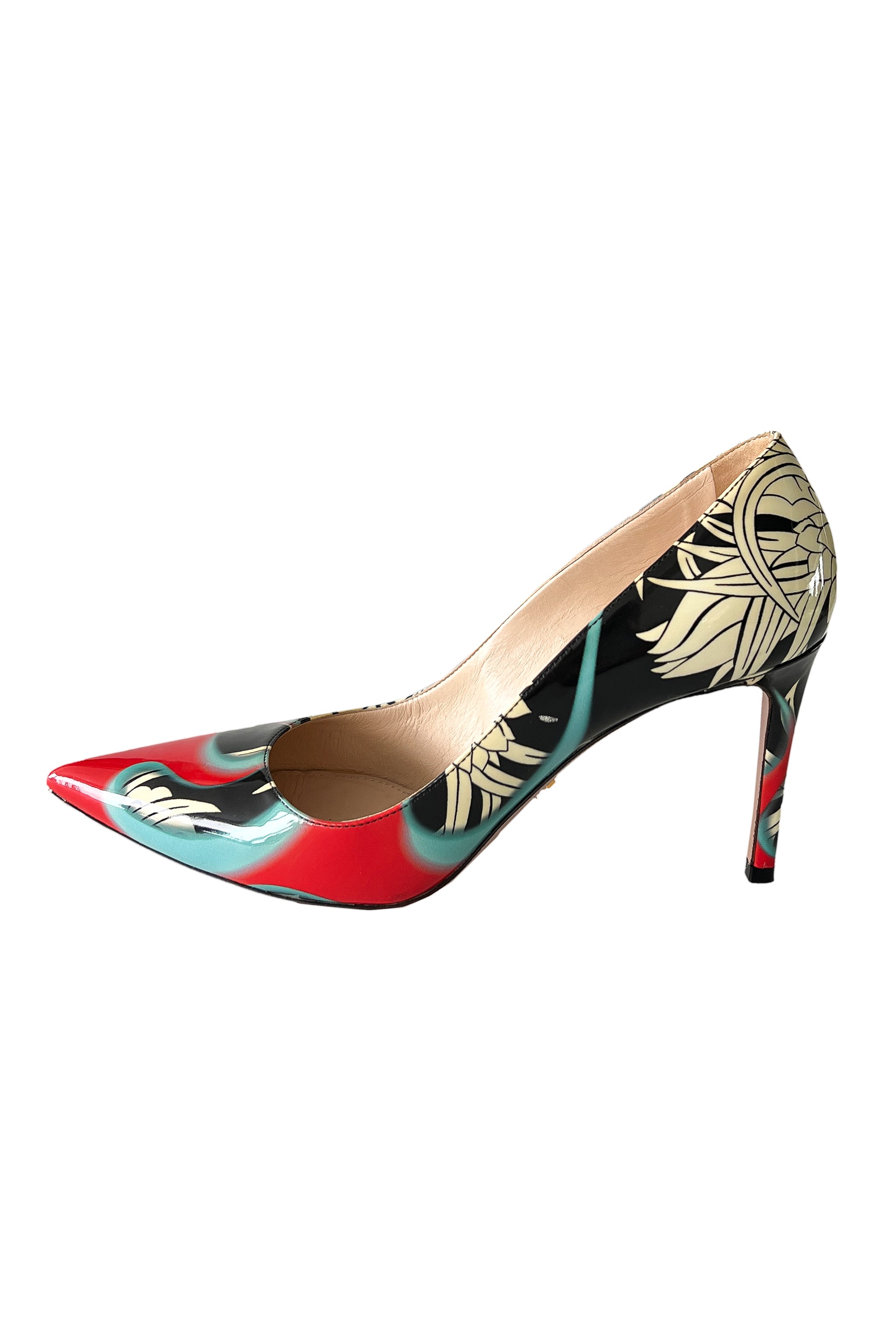 PRADA BLACK, WHITE, FLORAL SHOES WITH FLAMES 2018