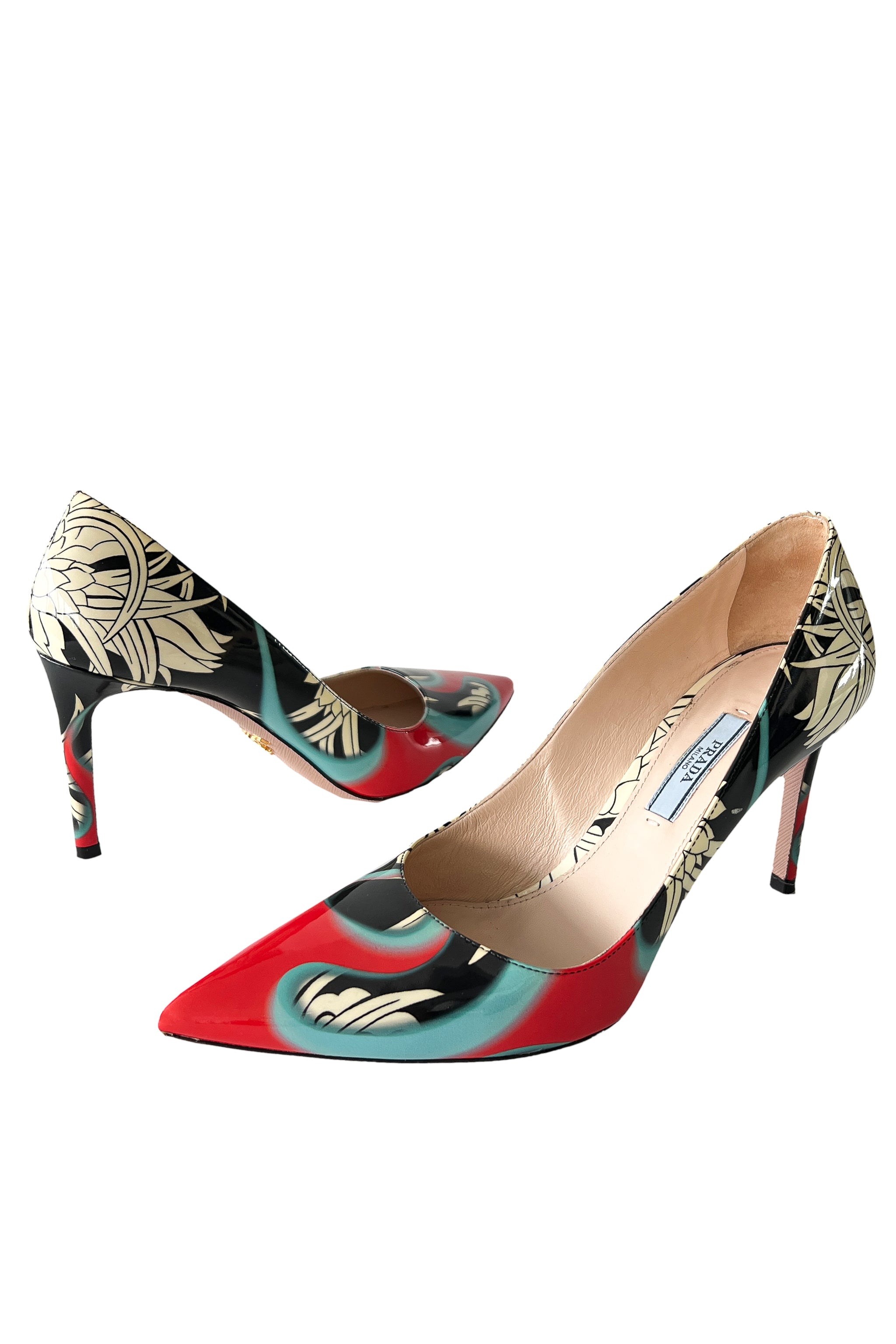 PRADA BLACK, WHITE, FLORAL SHOES WITH FLAMES 2018