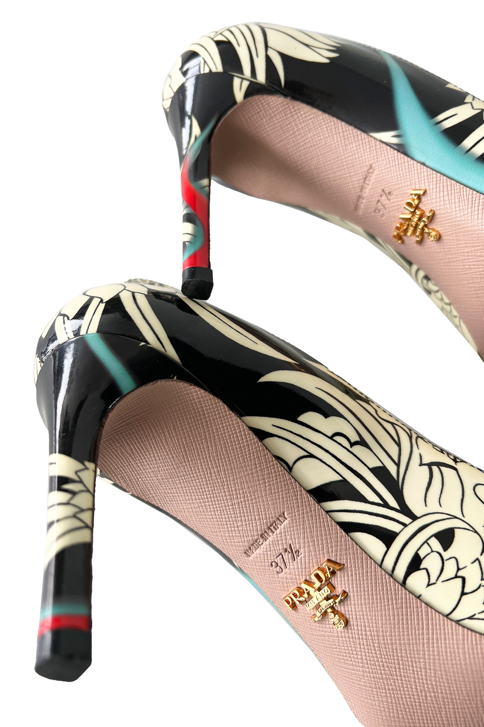 PRADA BLACK, WHITE, FLORAL SHOES WITH FLAMES 2018