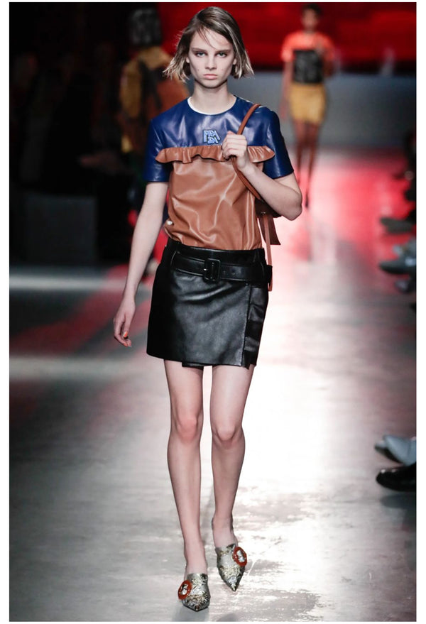 PRADA BLACK LEATHER MOD MINI SKIRT WITH PLEATED RUFFLES & BELT 2019