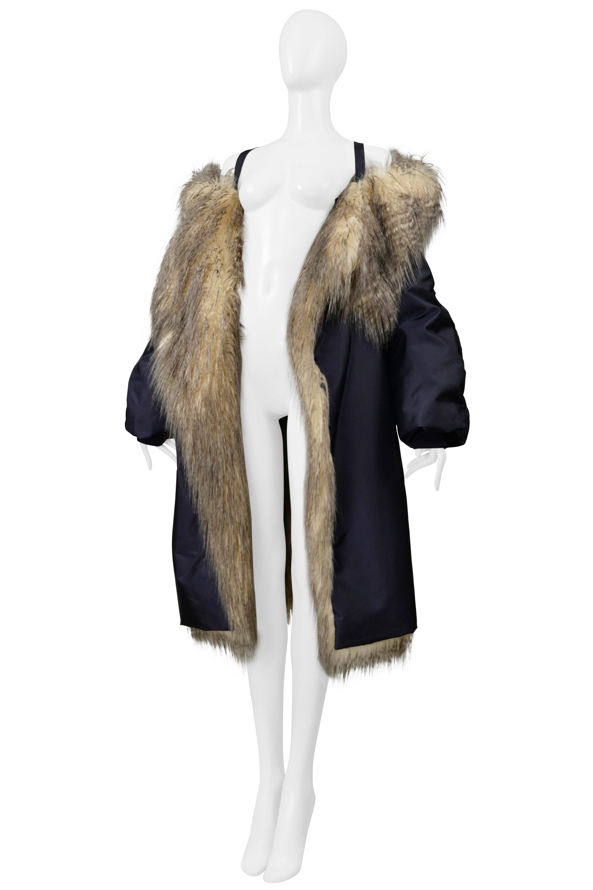 PRADA BY RAF SIMONS BLUE BOMBER COAT WITH FAUX FUR AND HOOD 2021