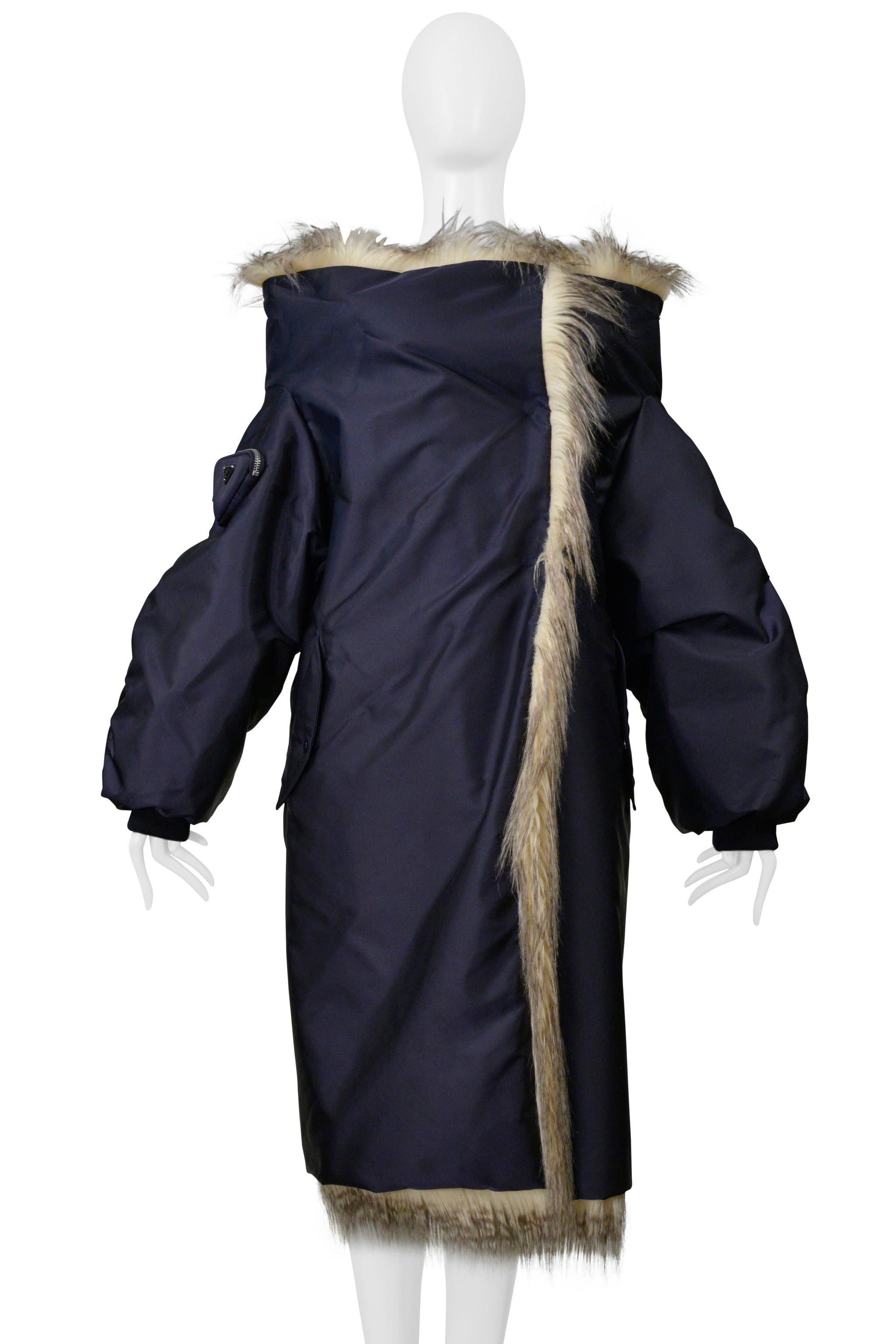 PRADA BY RAF SIMONS BLUE BOMBER COAT WITH FAUX FUR AND HOOD 2021