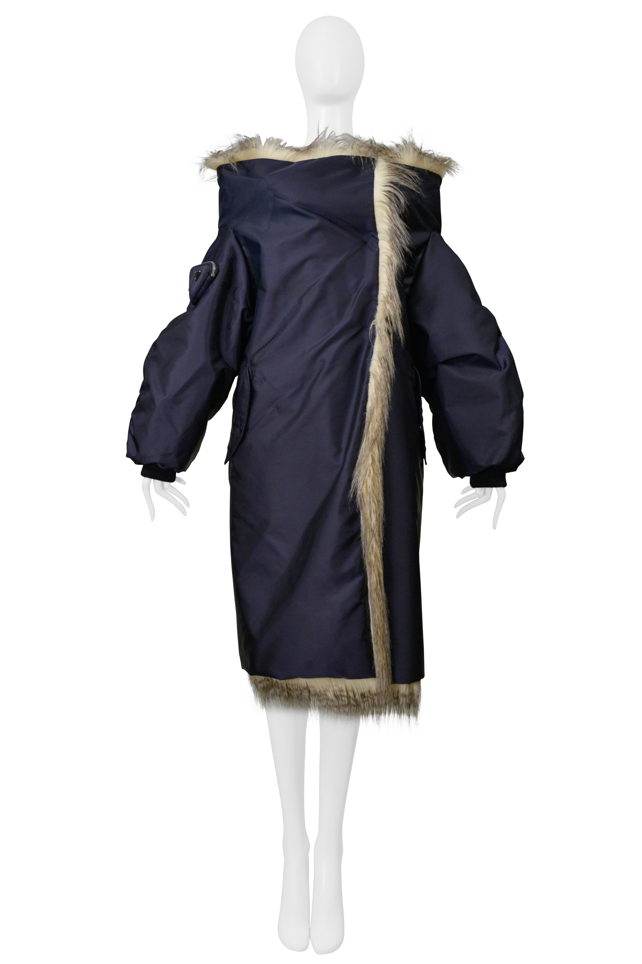 PRADA BY RAF SIMONS BLUE BOMBER COAT WITH FAUX FUR AND HOOD 2021