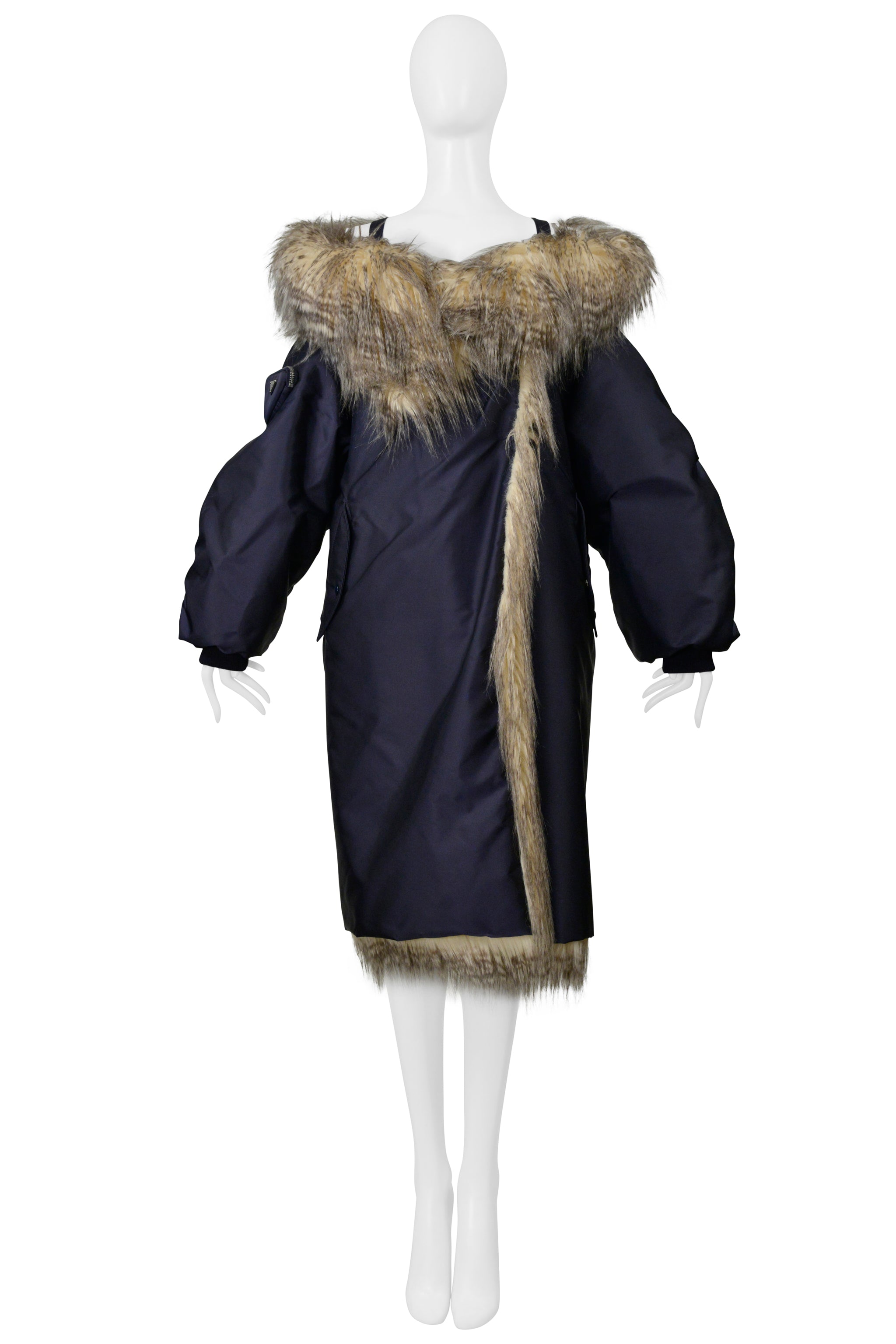 PRADA BY RAF SIMONS BLUE BOMBER COAT WITH FAUX FUR AND HOOD 2021