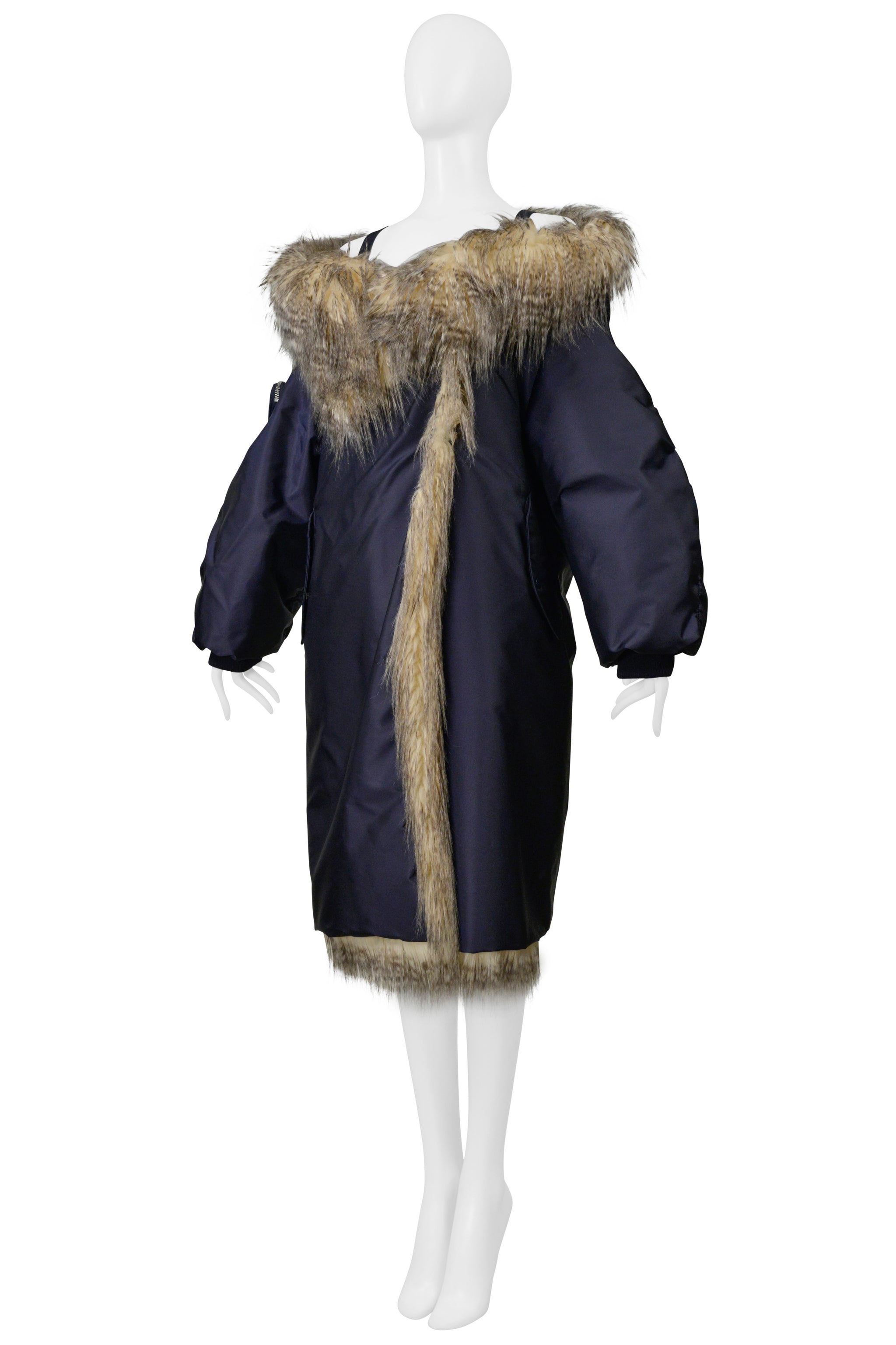 PRADA BY RAF SIMONS BLUE BOMBER COAT WITH FAUX FUR AND HOOD 2021