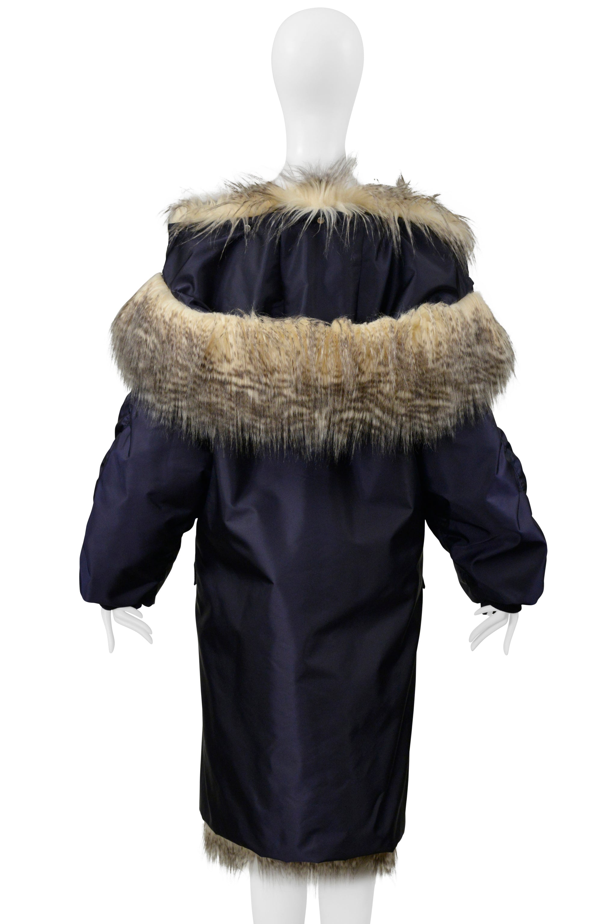 PRADA BY RAF SIMONS BLUE BOMBER COAT WITH FAUX FUR AND HOOD 2021