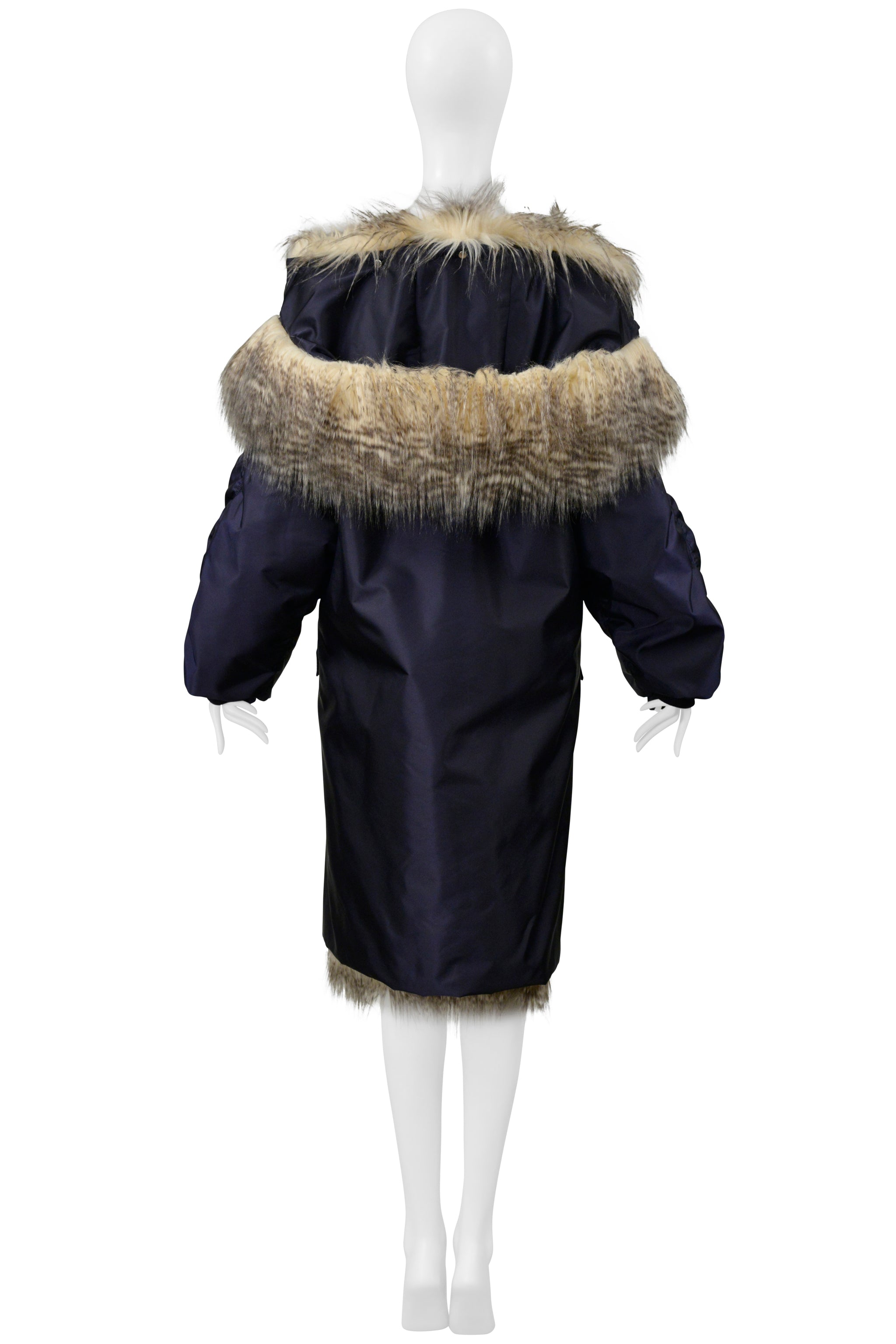 PRADA BY RAF SIMONS BLUE BOMBER COAT WITH FAUX FUR AND HOOD 2021