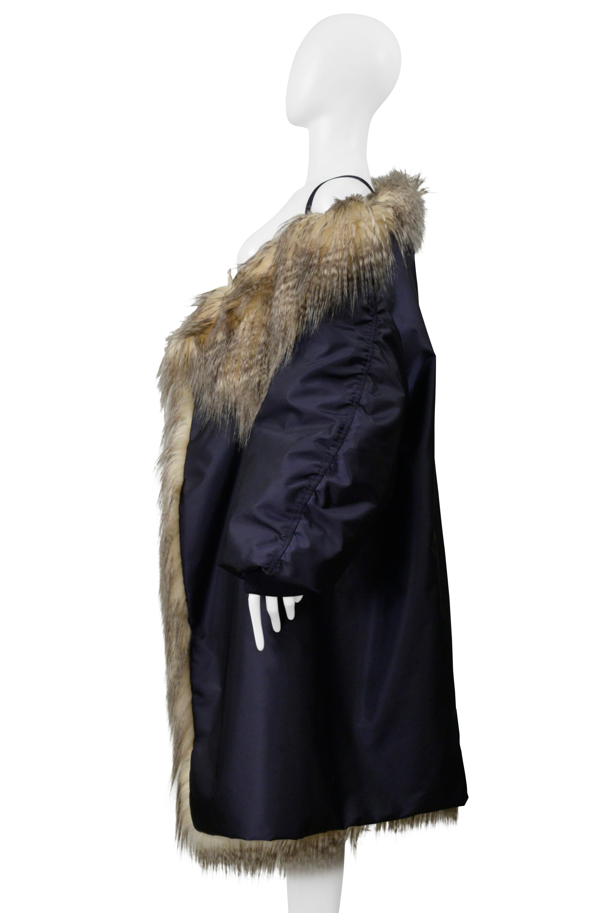 PRADA BY RAF SIMONS BLUE BOMBER COAT WITH FAUX FUR AND HOOD 2021