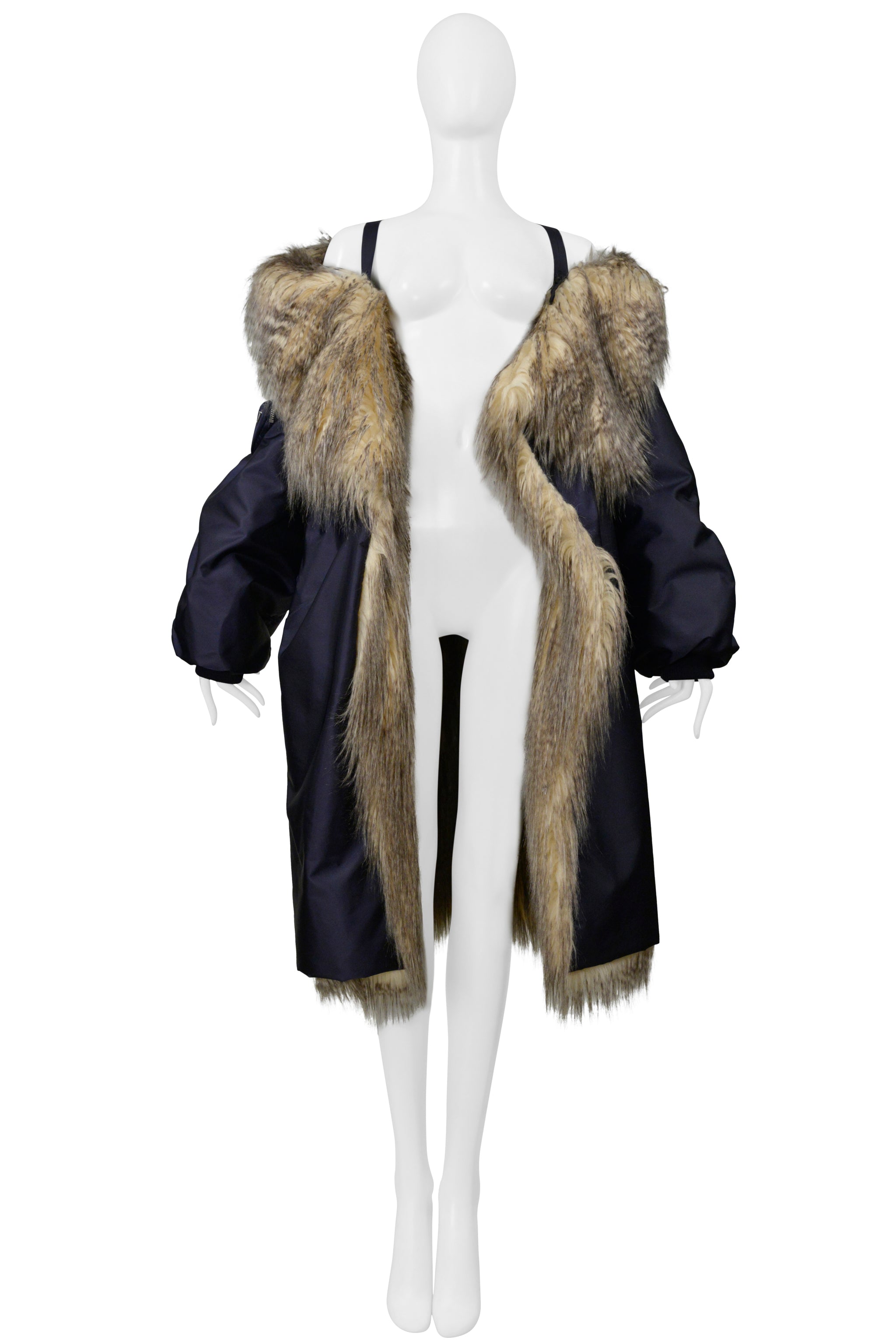 PRADA BY RAF SIMONS BLUE BOMBER COAT WITH FAUX FUR AND HOOD 2021