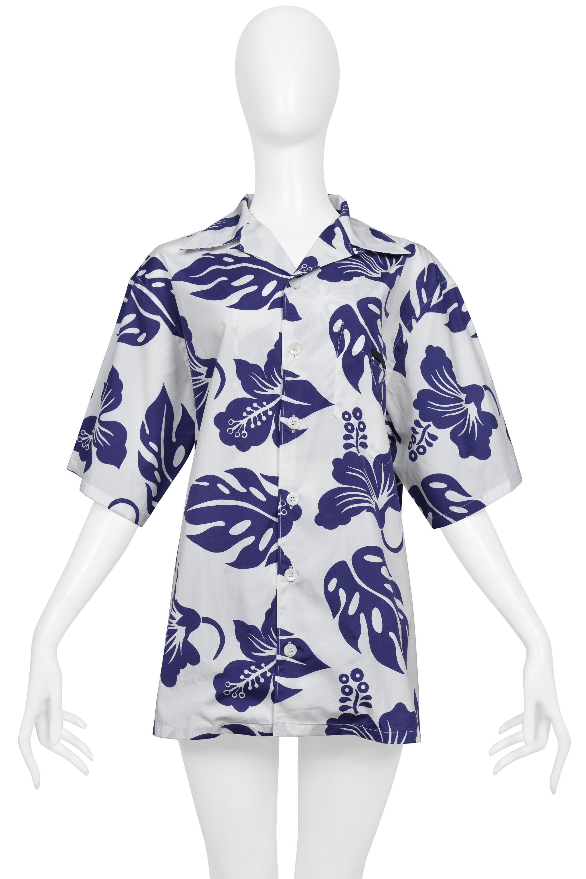PRADA BLUE AND WHITE HIBISCUS PRINT BOWLING SHIRT 2022