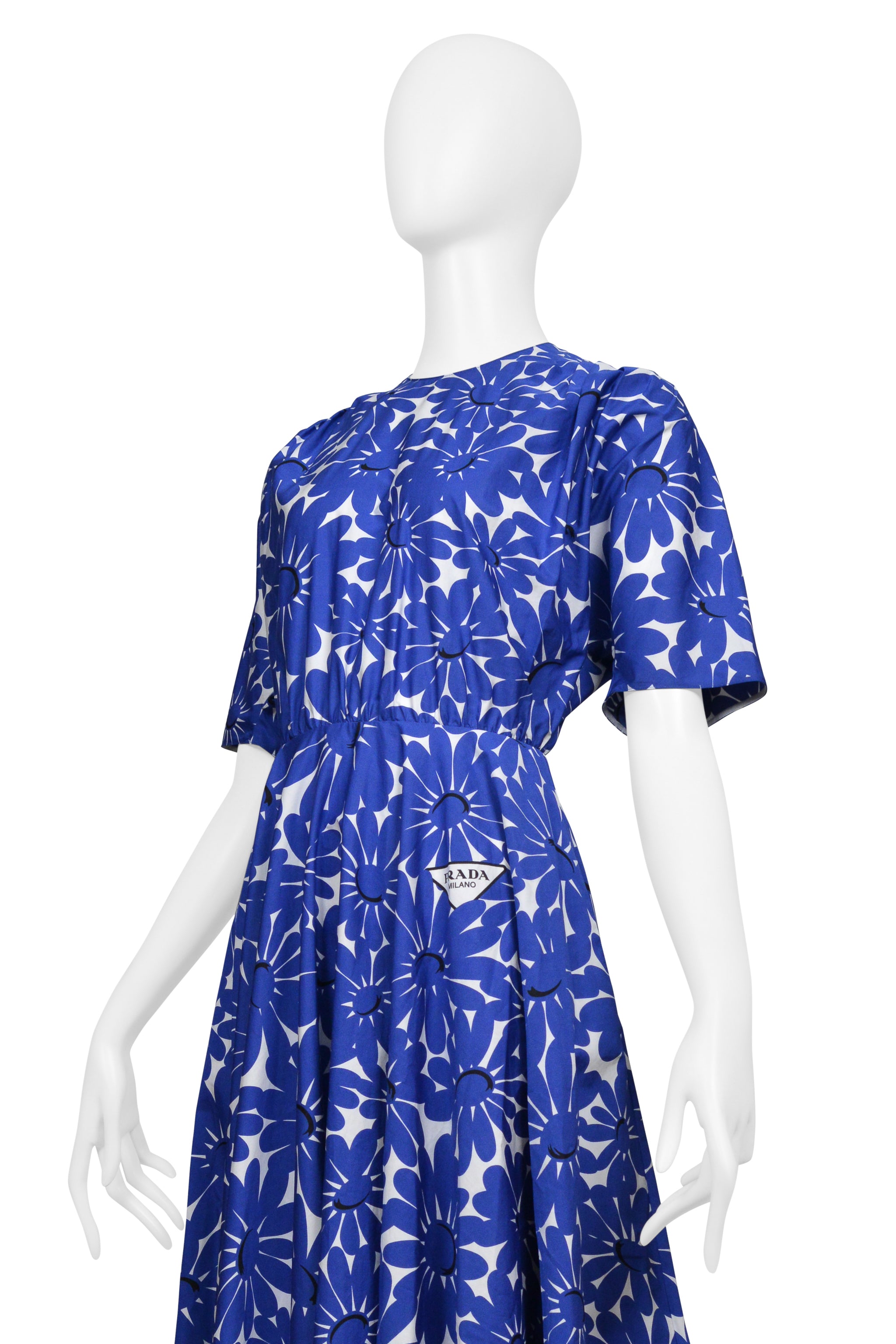PRADA BLUE FLORAL COTTON POPLIN DRESS WITH FULL SKIRT 2022