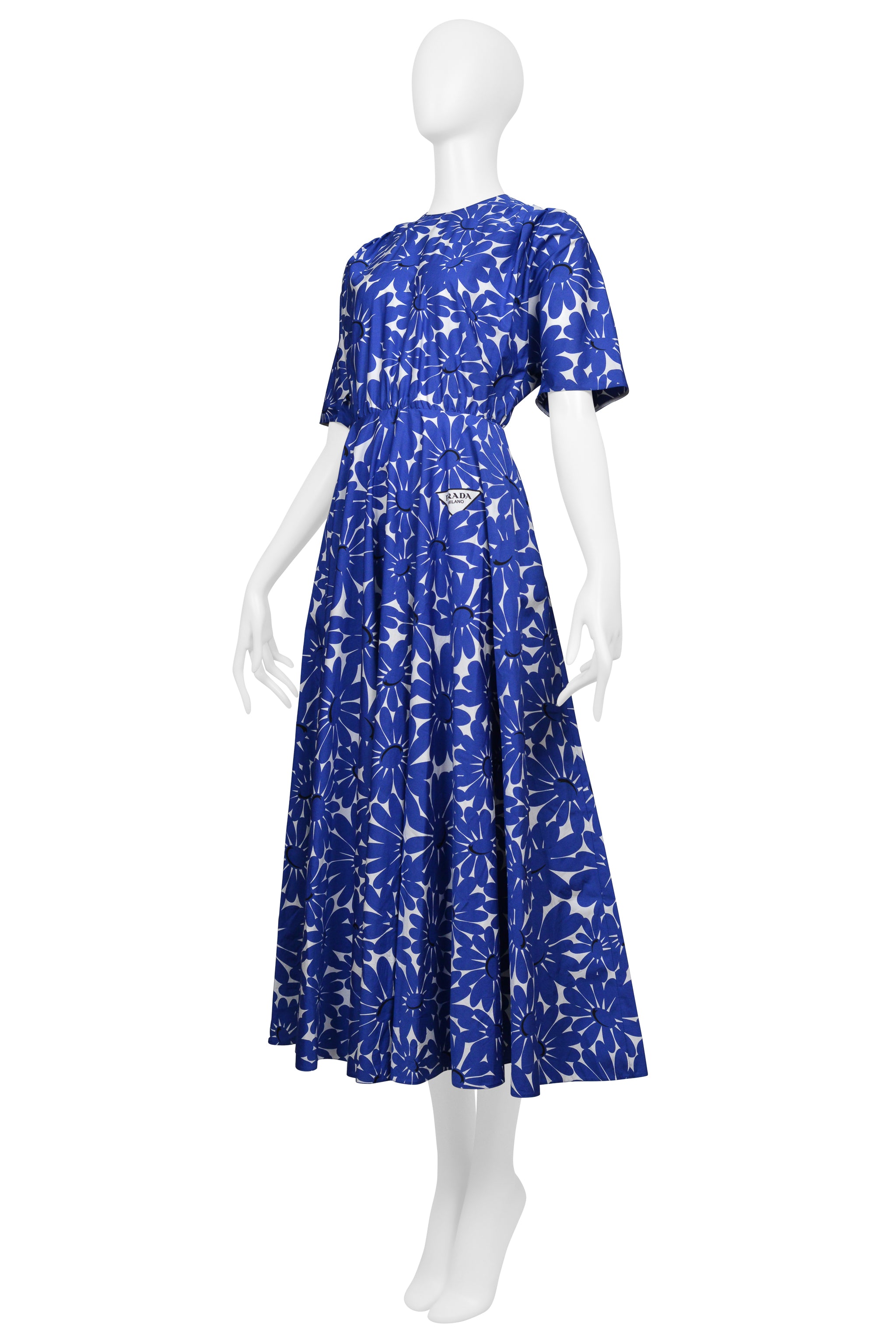 PRADA BLUE FLORAL COTTON POPLIN DRESS WITH FULL SKIRT 2022