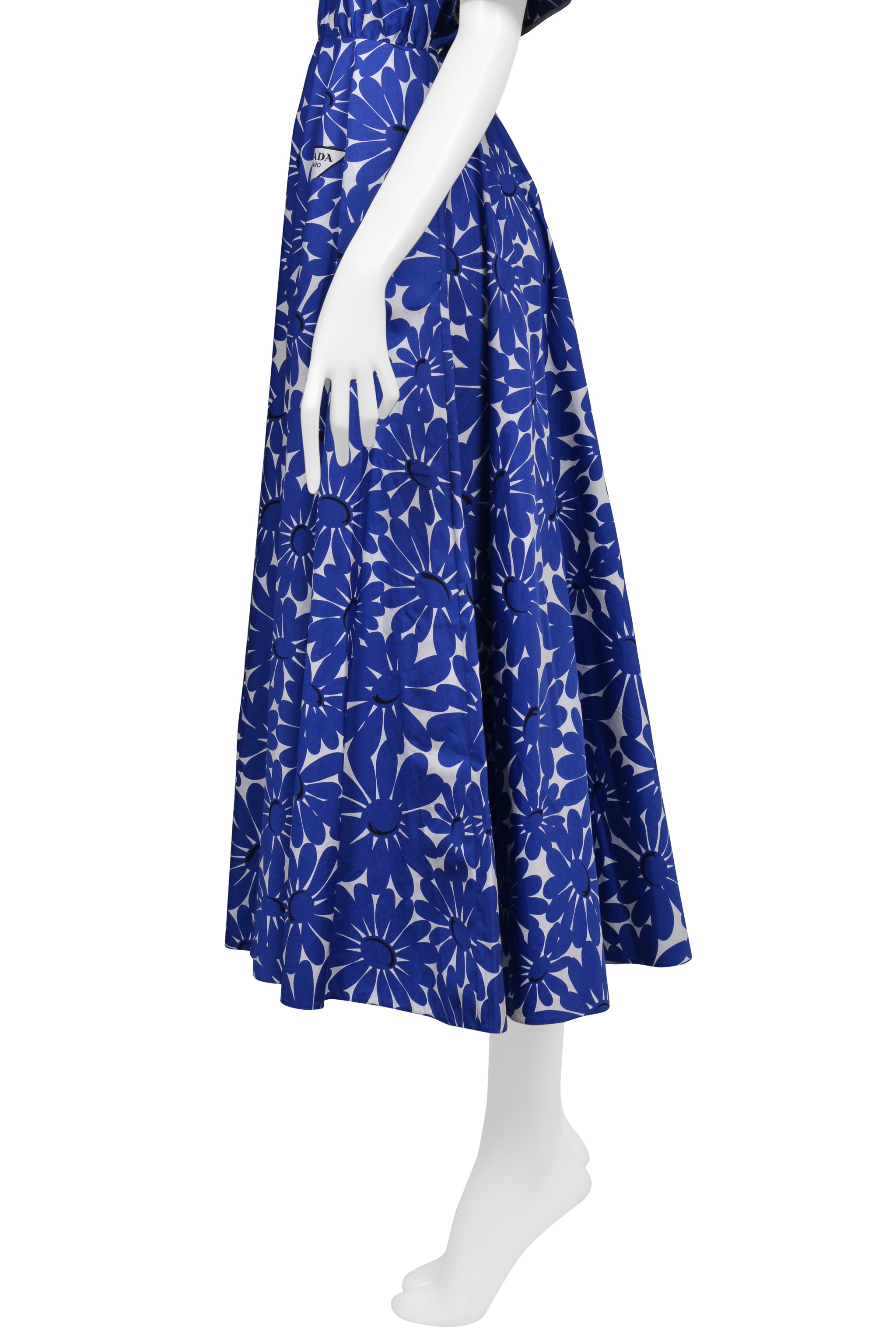 PRADA BLUE FLORAL COTTON POPLIN DRESS WITH FULL SKIRT 2022