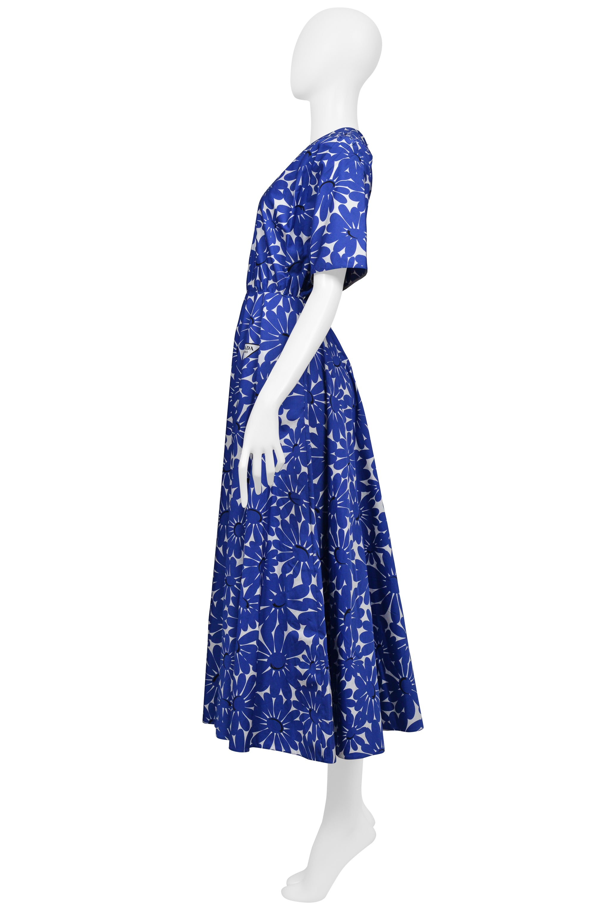 PRADA BLUE FLORAL COTTON POPLIN DRESS WITH FULL SKIRT 2022