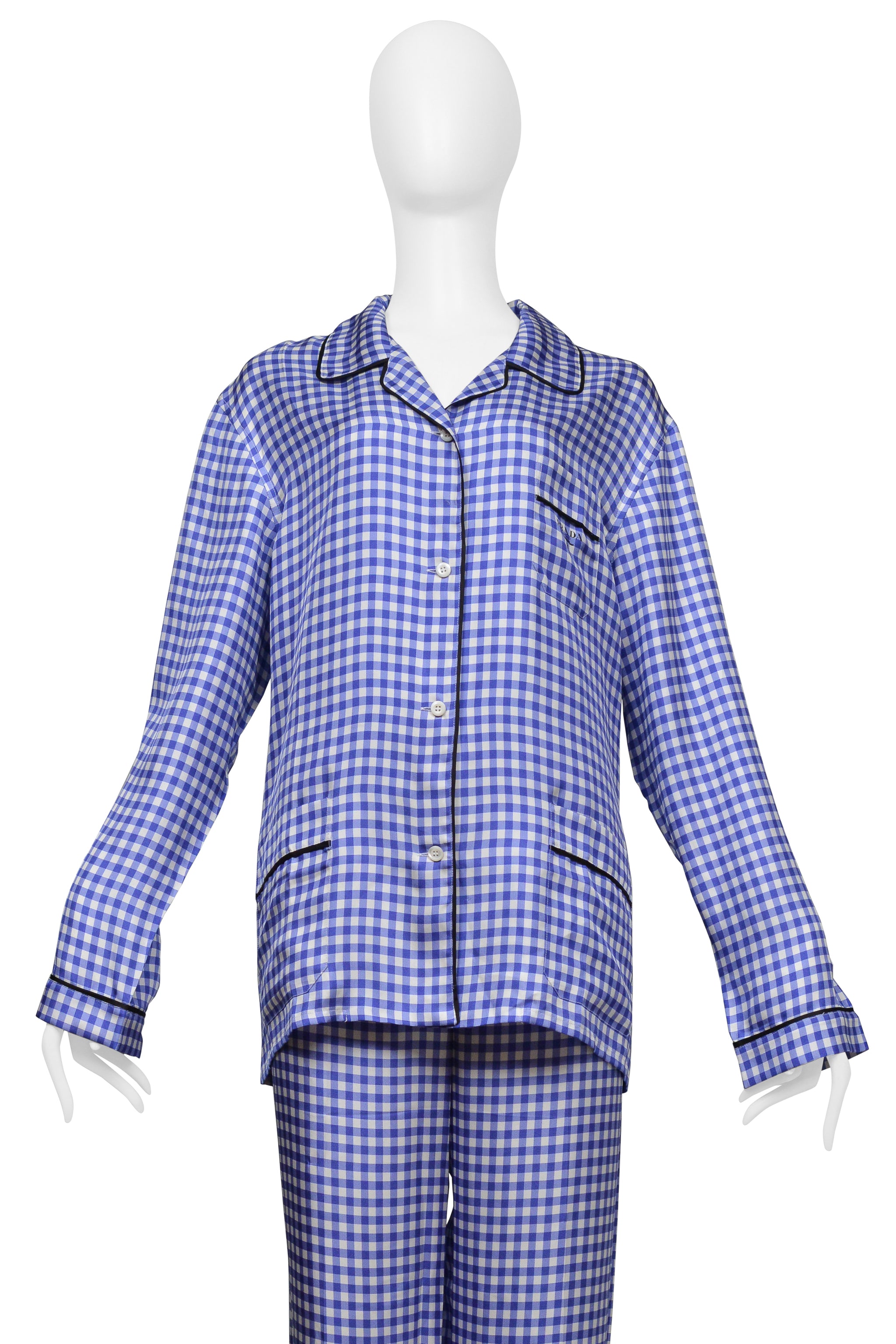 PRADA SILK BLUE AND WHITE CHECKERED PAJAMA ENSEMBLE WITH BLACK PIPING 2022
