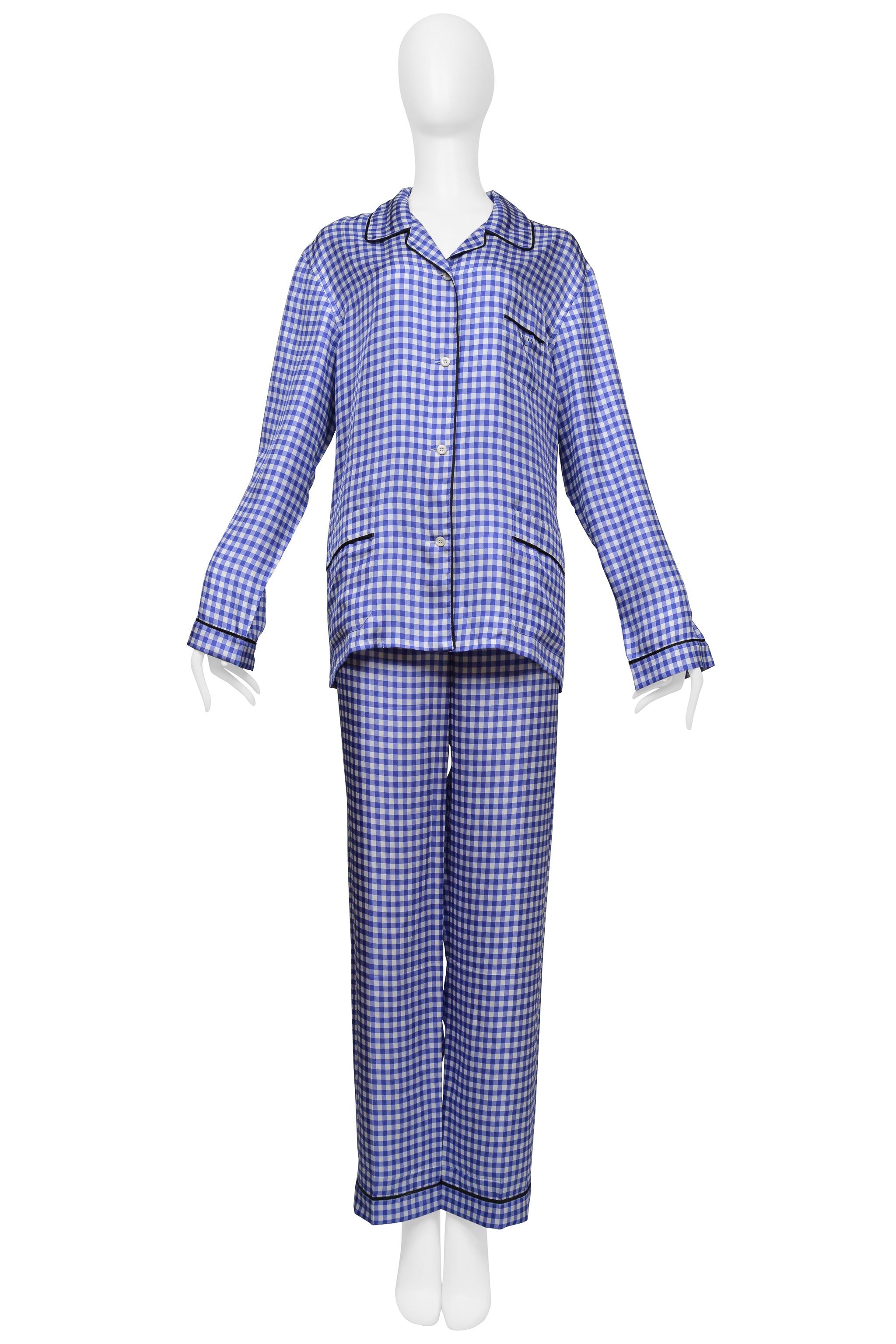 PRADA SILK BLUE AND WHITE CHECKERED PAJAMA ENSEMBLE WITH BLACK PIPING 2022