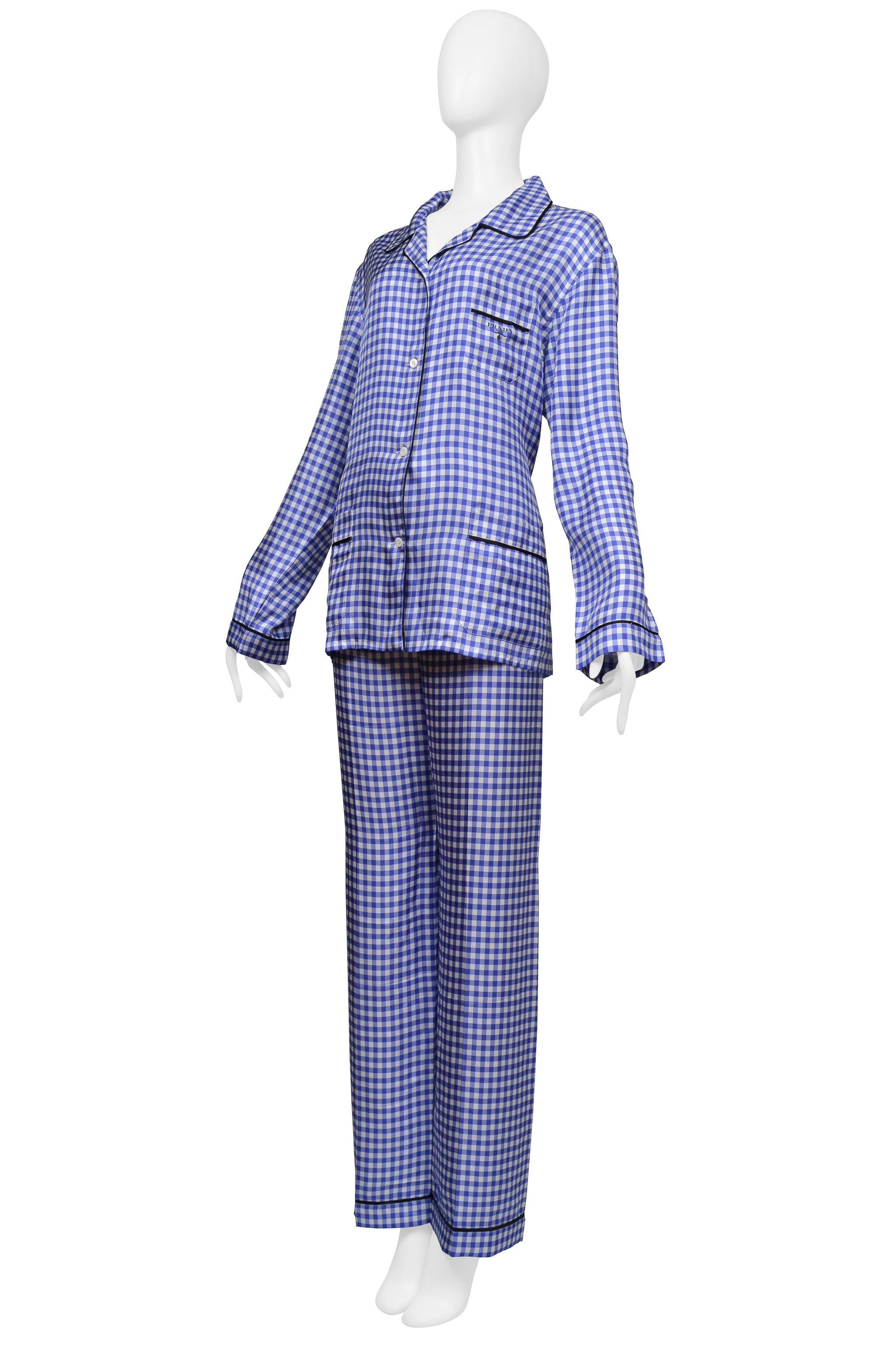 PRADA SILK BLUE AND WHITE CHECKERED PAJAMA ENSEMBLE WITH BLACK PIPING 2022