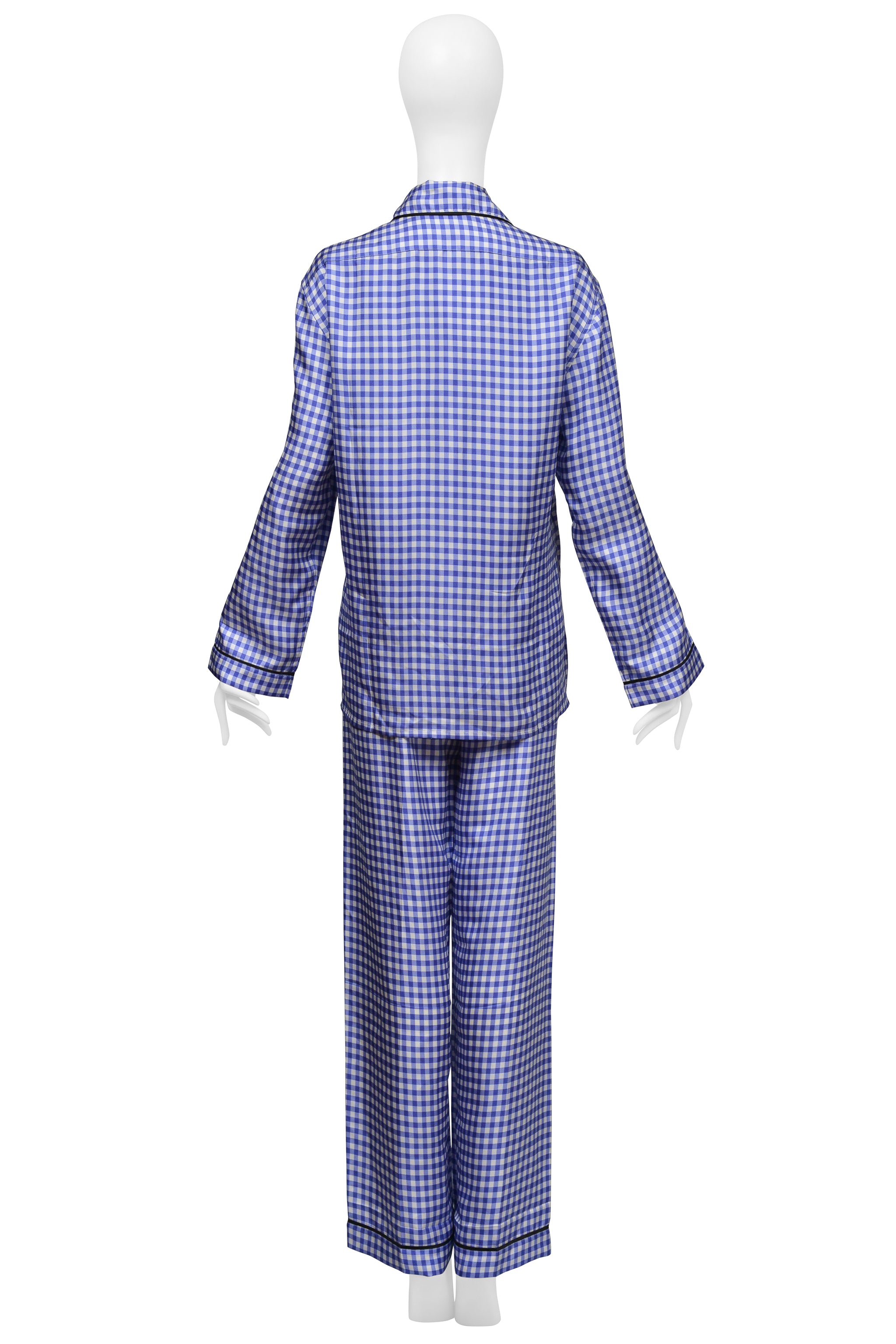 PRADA SILK BLUE AND WHITE CHECKERED PAJAMA ENSEMBLE WITH BLACK PIPING 2022