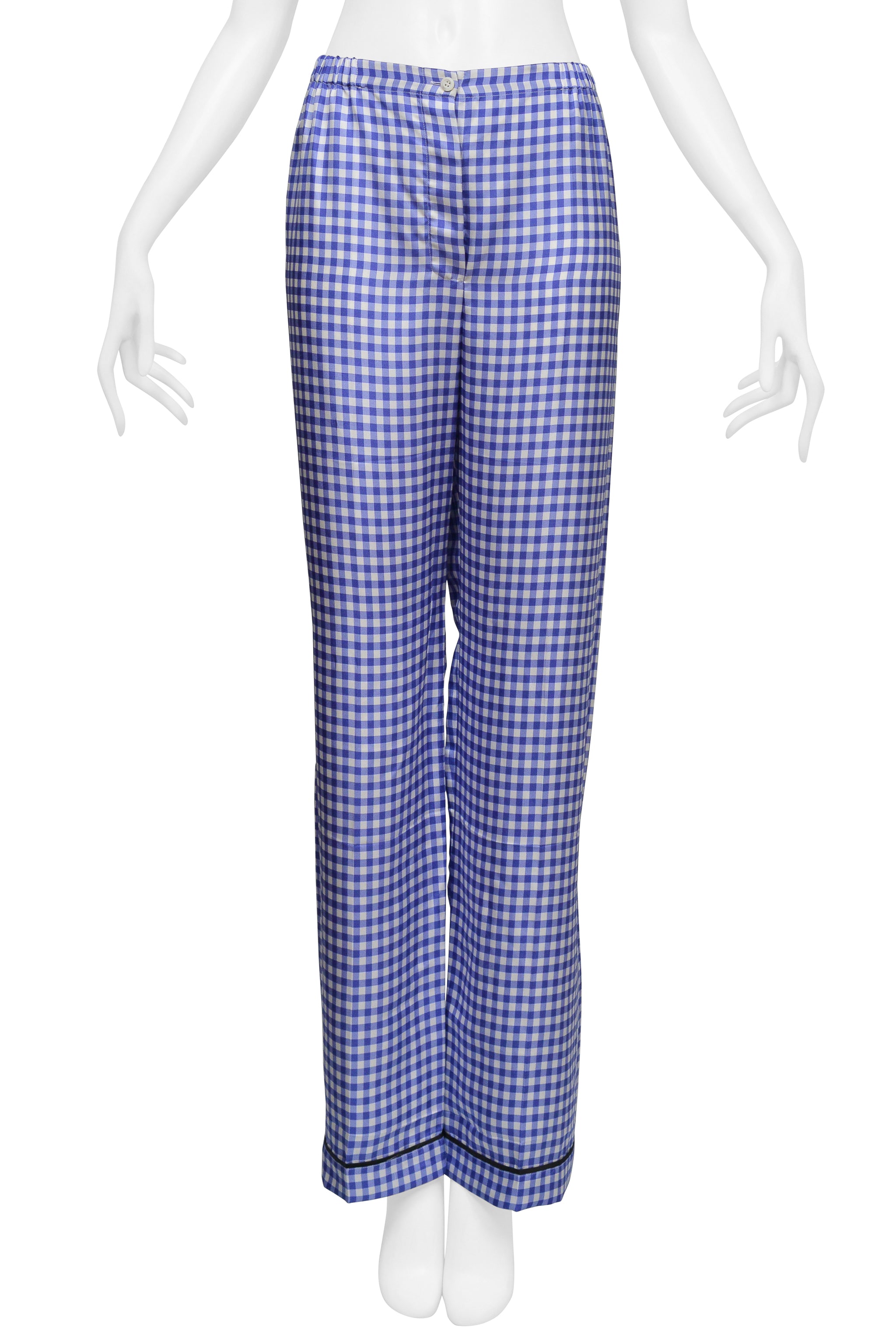 PRADA SILK BLUE AND WHITE CHECKERED PAJAMA ENSEMBLE WITH BLACK PIPING 2022