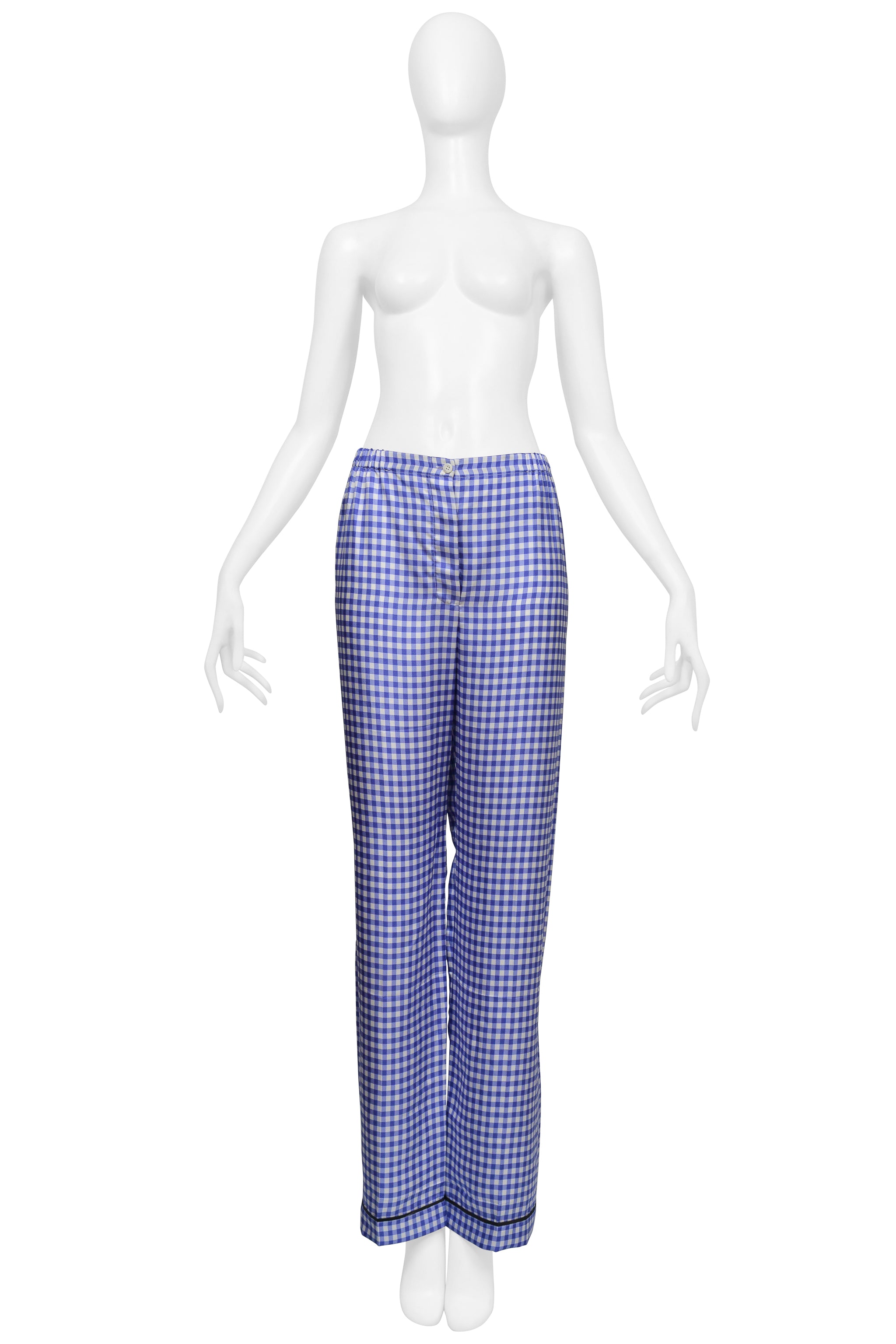 PRADA SILK BLUE AND WHITE CHECKERED PAJAMA ENSEMBLE WITH BLACK PIPING 2022