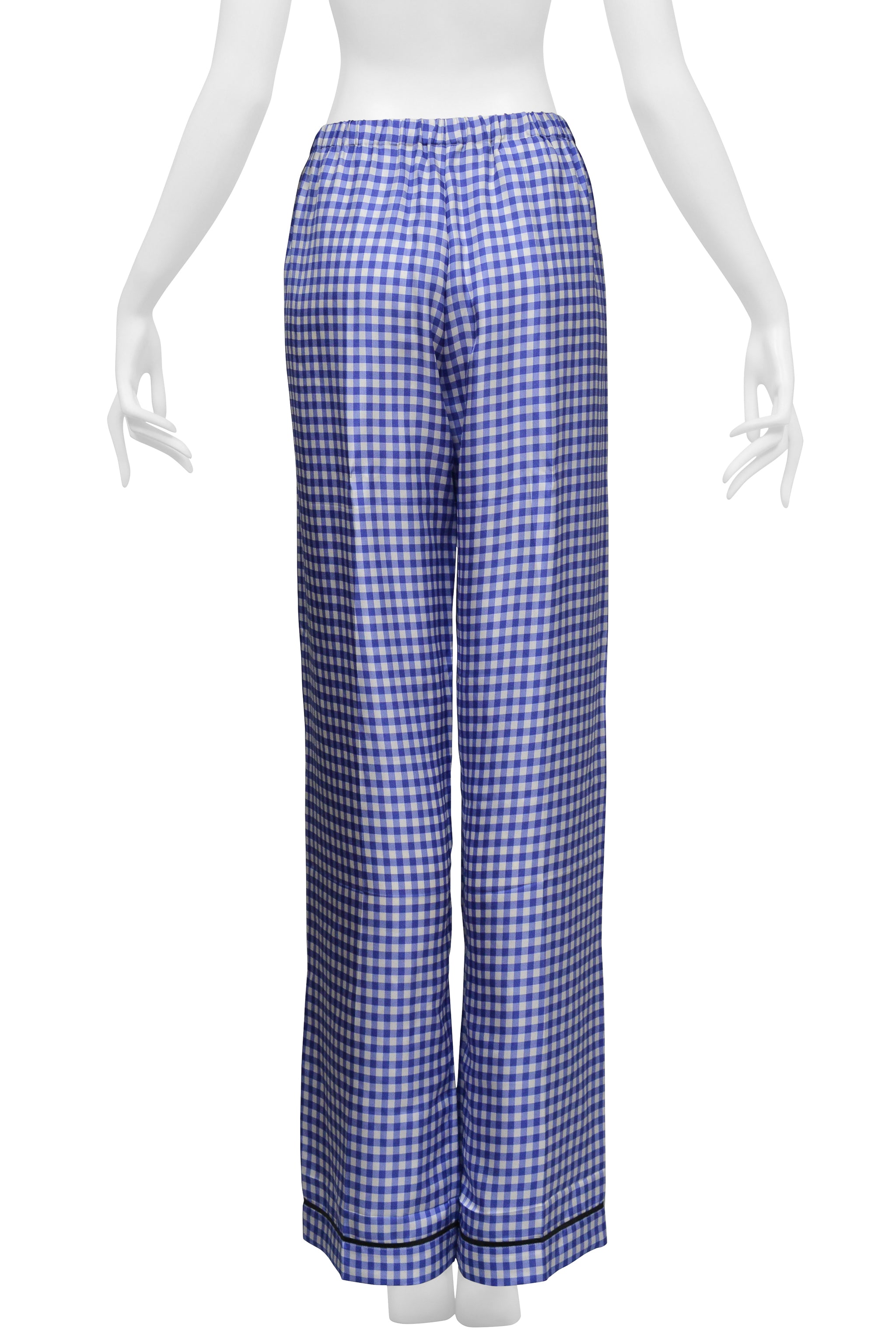 PRADA SILK BLUE AND WHITE CHECKERED PAJAMA ENSEMBLE WITH BLACK PIPING 2022