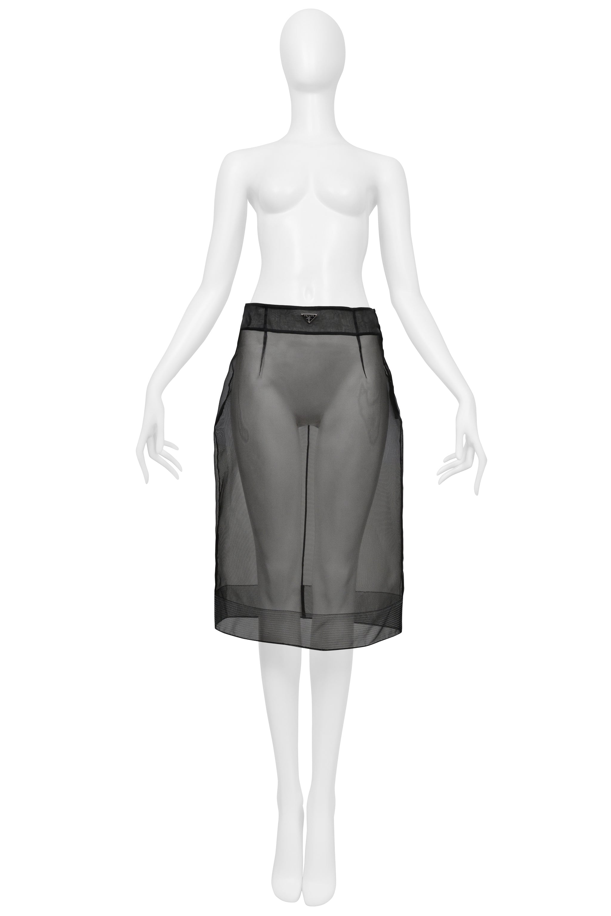 PRADA BLACK WOOL SKIRT WITH SHEER SILK OVERLAY