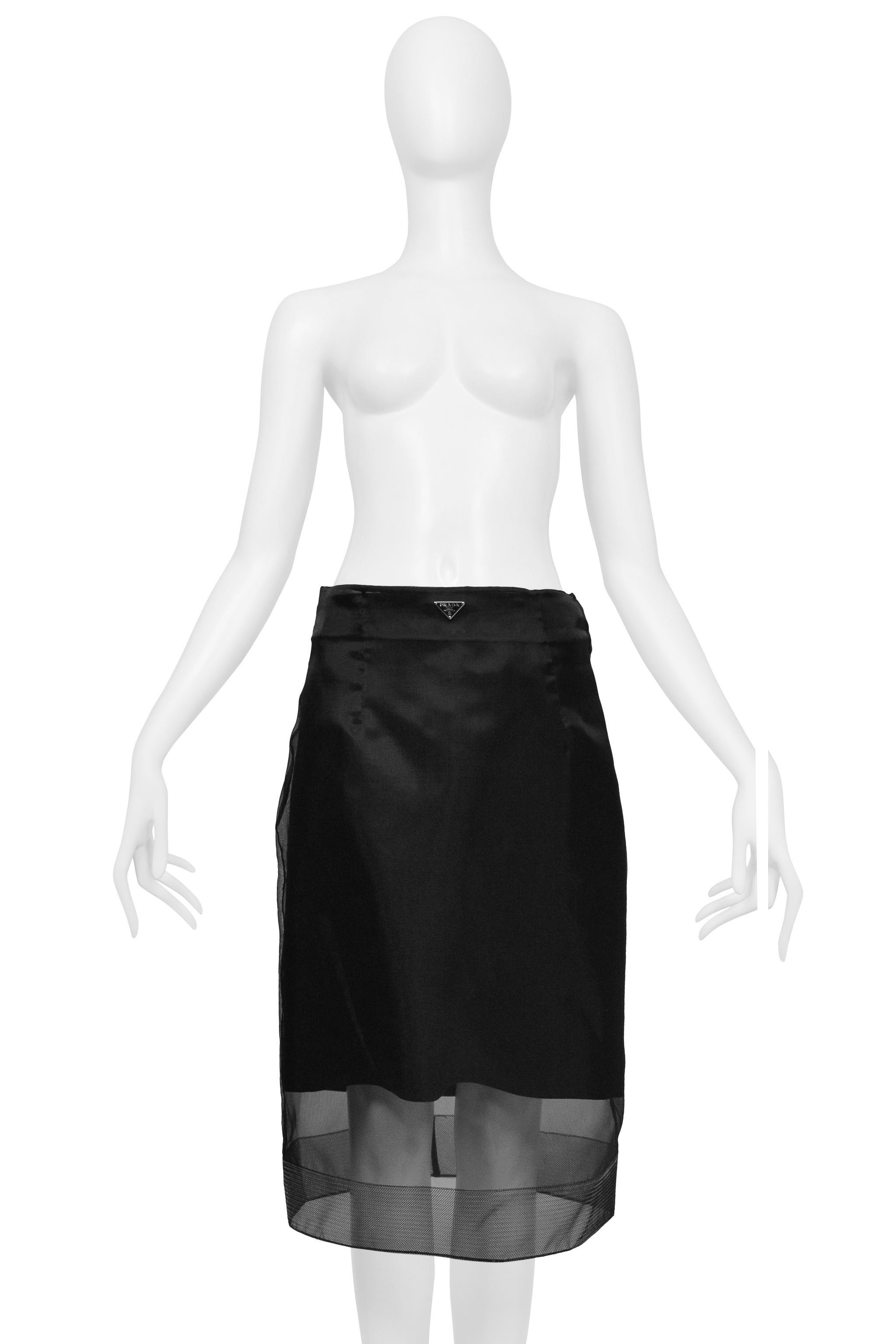 PRADA BLACK WOOL SKIRT WITH SHEER SILK OVERLAY