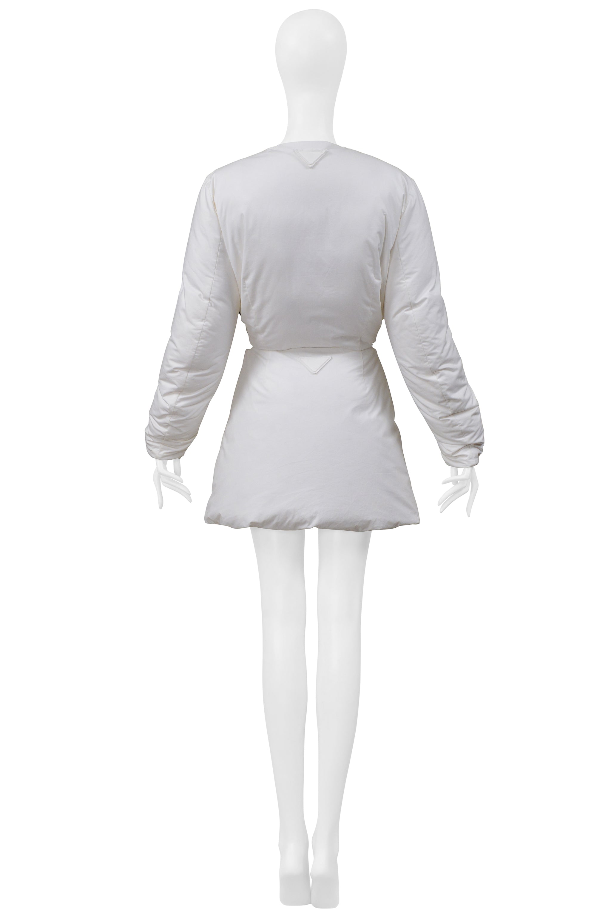 PRADA BY RAF SIMONS WHITE COTTON PADDED JACKET AND MINI SKIRT 2023