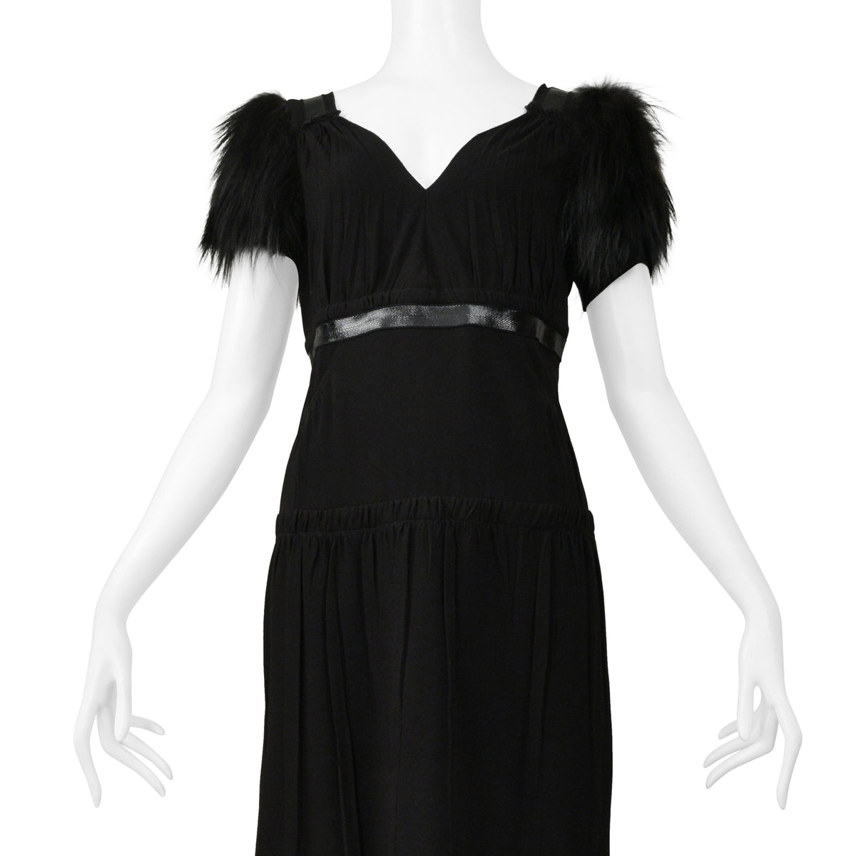 PRADA BLACK DRESS WITH LEATHER TRIM & FUR SLEEVES
