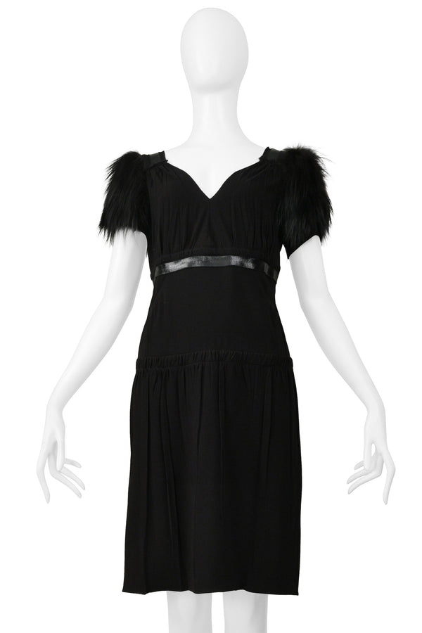 PRADA BLACK DRESS WITH LEATHER TRIM & FUR SLEEVES