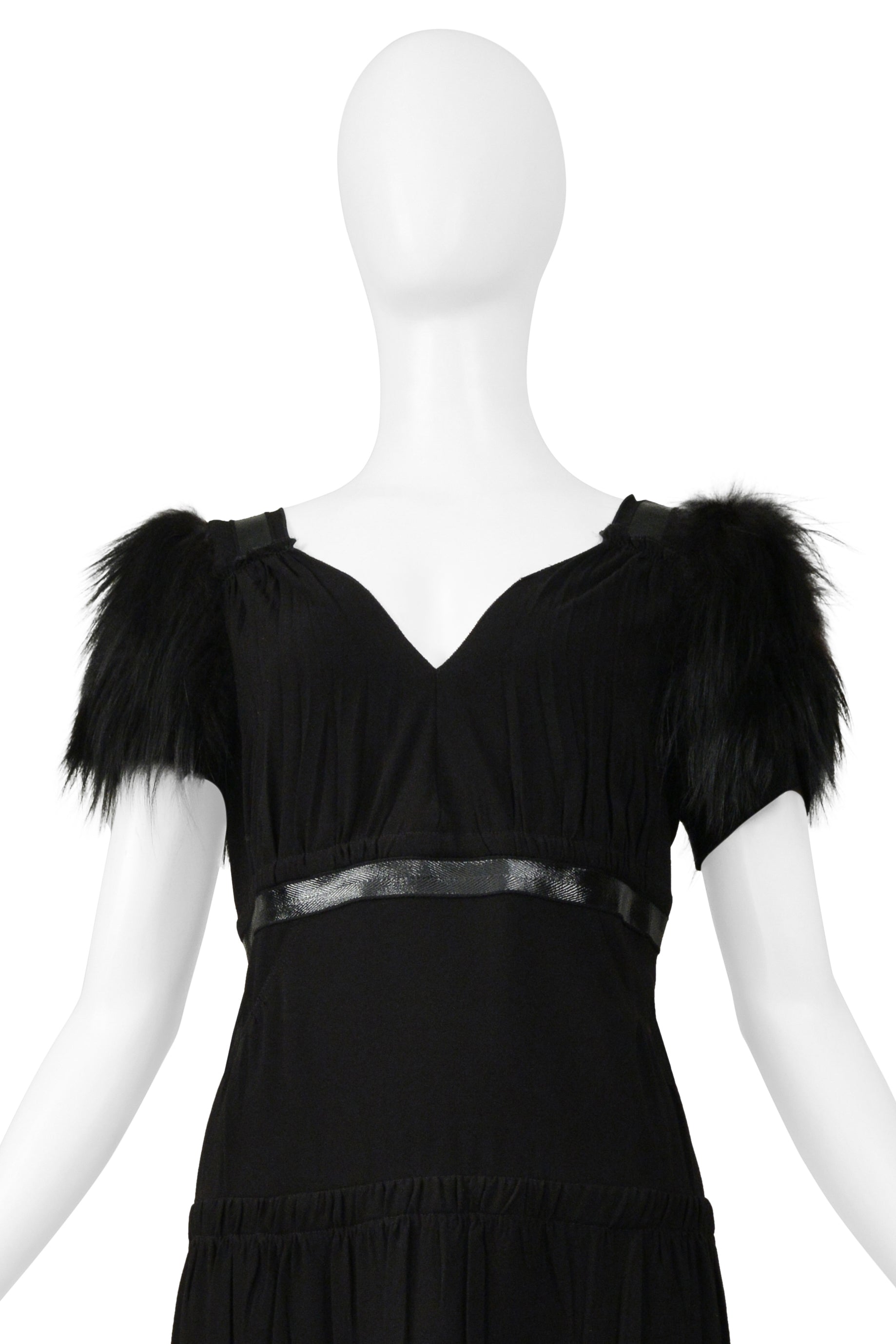 PRADA BLACK DRESS WITH LEATHER TRIM & FUR SLEEVES