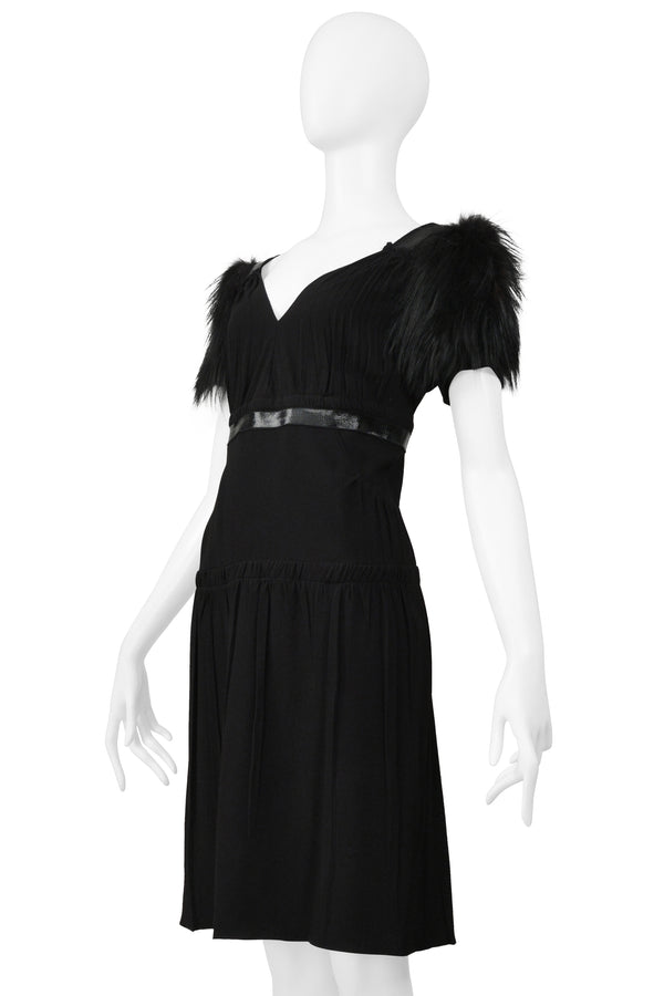 PRADA BLACK DRESS WITH LEATHER TRIM & FUR SLEEVES