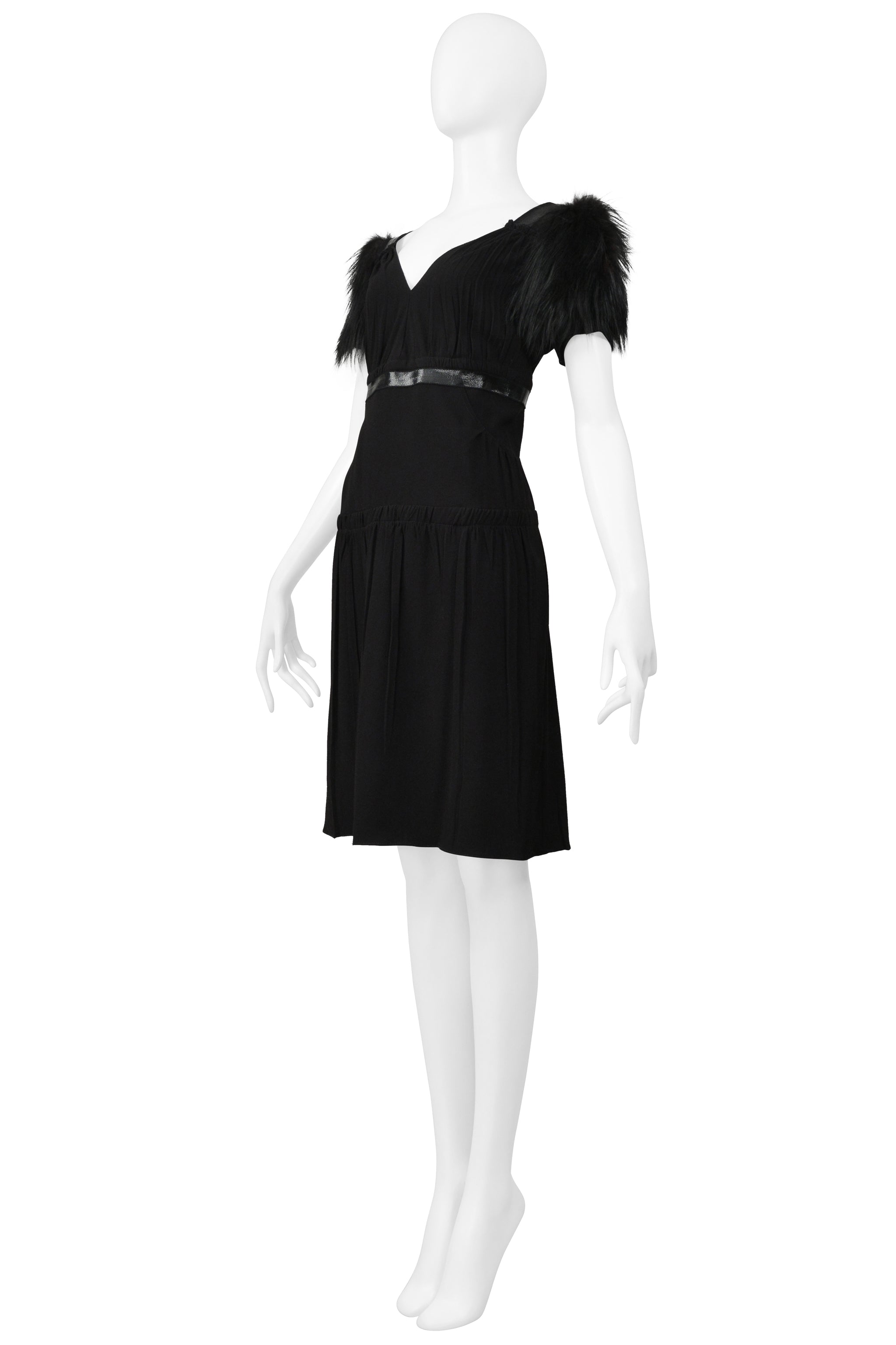 PRADA BLACK DRESS WITH LEATHER TRIM & FUR SLEEVES