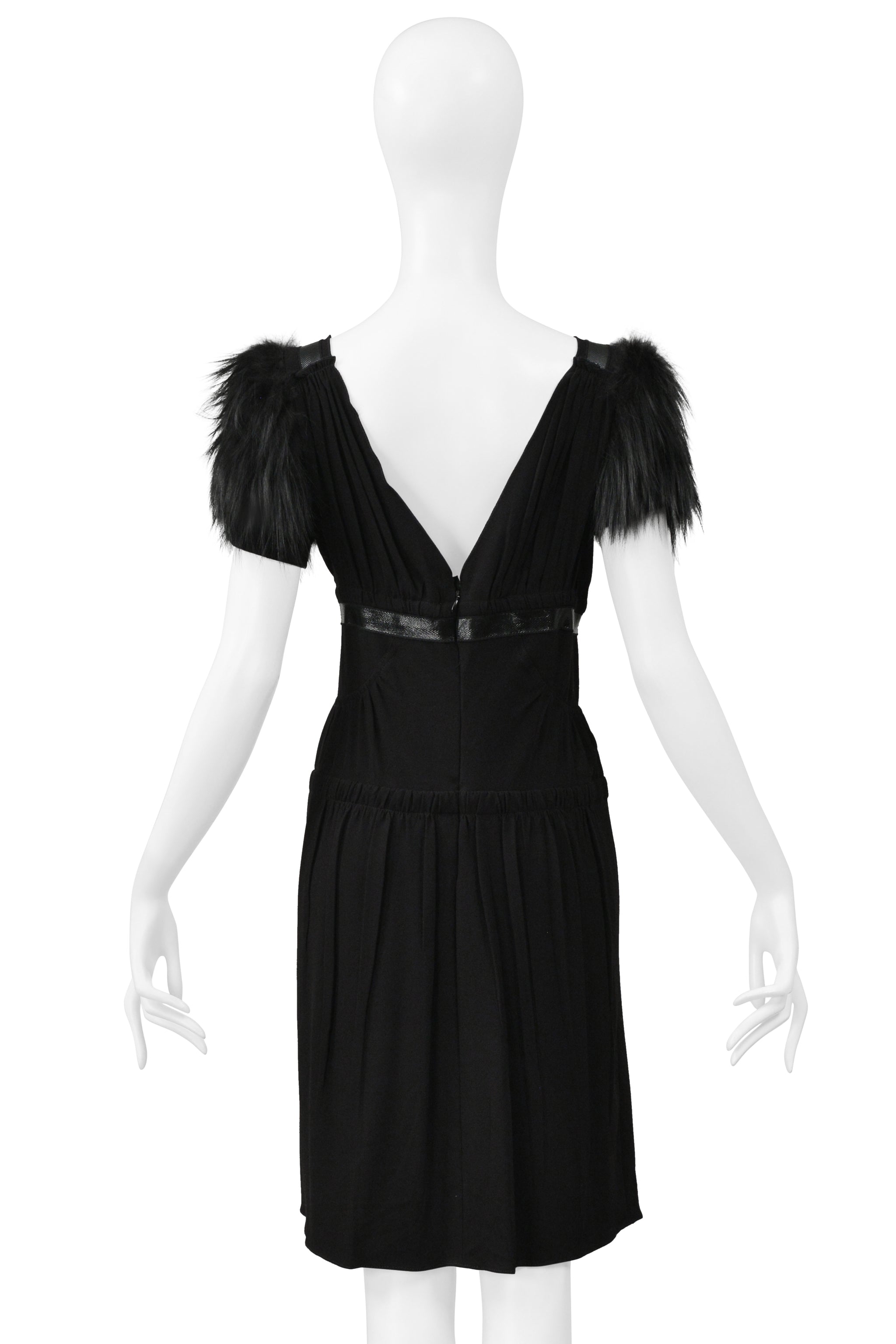 PRADA BLACK DRESS WITH LEATHER TRIM & FUR SLEEVES